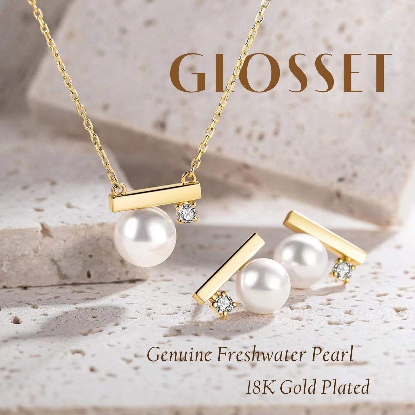 GLOSSET Gold Pearl Necklace and Earring Set, 18K Gold Plated Earrings and Necklace Set for Women, Dainty Freshwater Pearl and Cubic Zirconia Set Jewelry for Women Gift (Gold - Balance Bar)