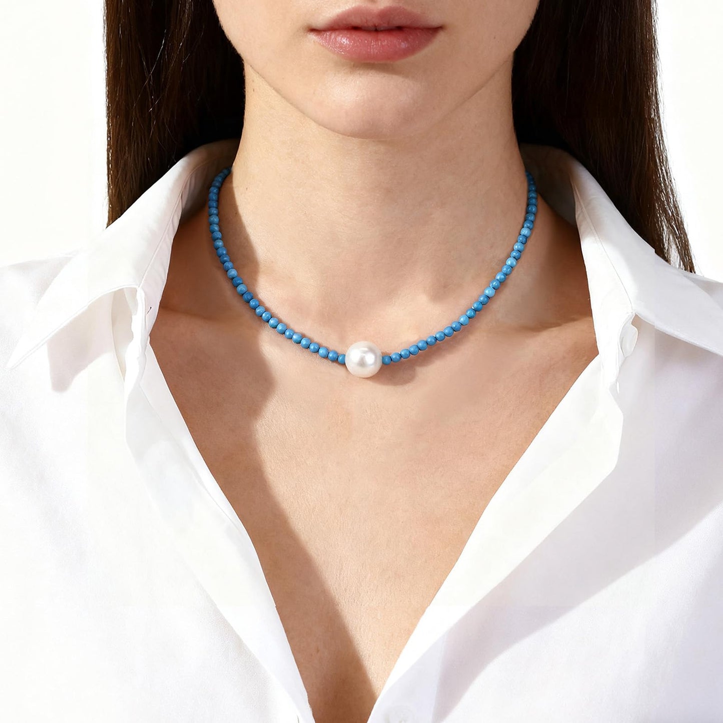 GEMTAL Dainty Single Pearl Pendant Necklaces for Women Trendy,Turquoise Necklace Natural Gemstone Stone Beaded Choker,Delicate Round Freshwater Pearl Necklace Jewelry Gift for Women