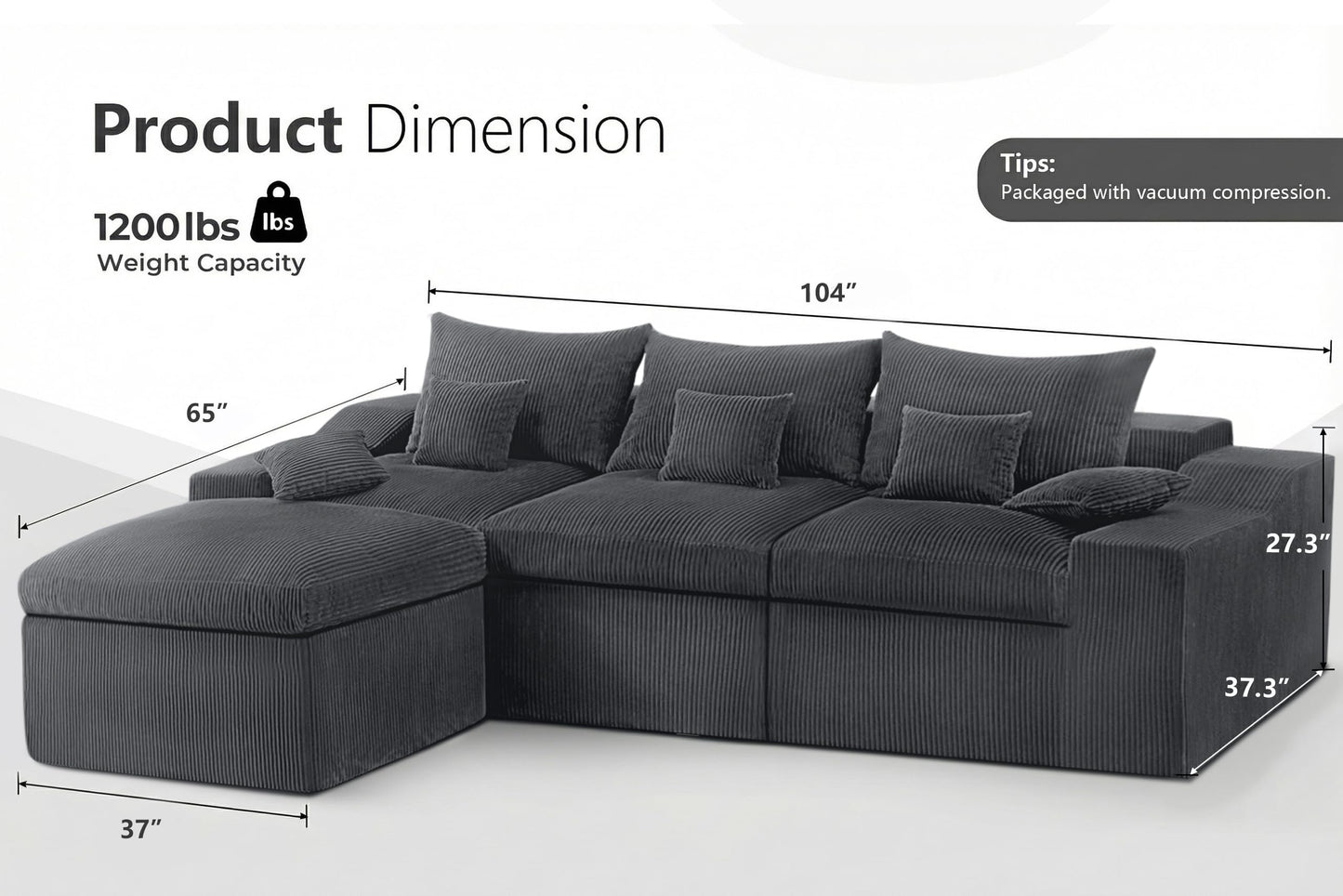 HABUTWAY 104" L Shaped Cloud Sectional Couch, Boneless Modular Sectional Sofa with Deep Seat, Corduroy Couches for Living Room, Modular Couch, No Assembly Required (Grey)