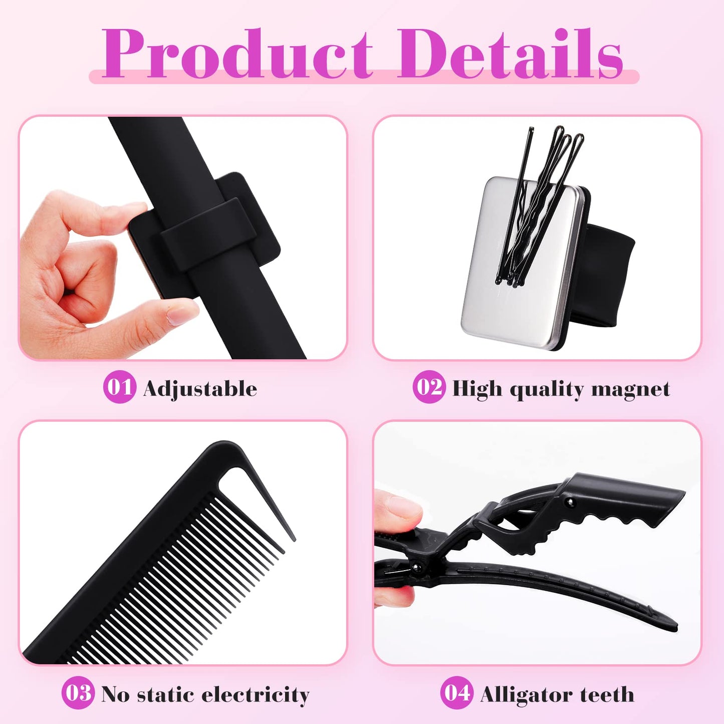 7 Pieces Hair Braiding Tools Magnetic Pin Wristband and 2 Pieces Stainless Steel Pintail Rat Tail Comb with 4 Wide Teeth Alligator Sectioning Hair Clip for Braid Tool Braid Maker(Black)