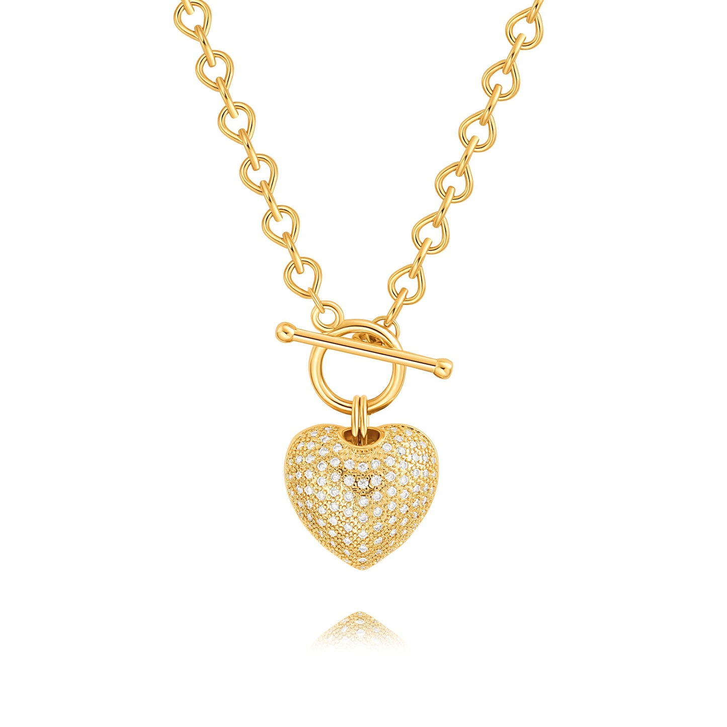 PEARLADA Statement CZ Heart Pendant Necklace, Trendy Toggle Necklace for Women, 18k Gold Plated Chunky Chain Link Necklace