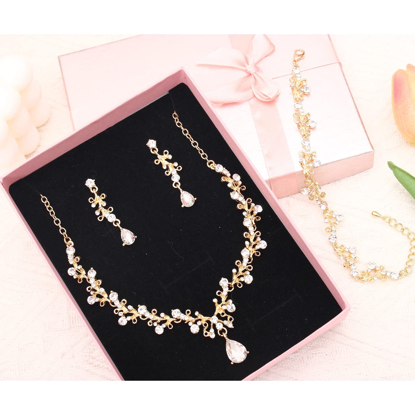 Enrwin 3Pcs Austrian Crystal Jewelry Set for Women, Necklace Dangle Earrings Link Bracelet with Gold/Platinum/Gun Plated, Wedding Party Bridal Bridesmaid (White-Gold Plated)