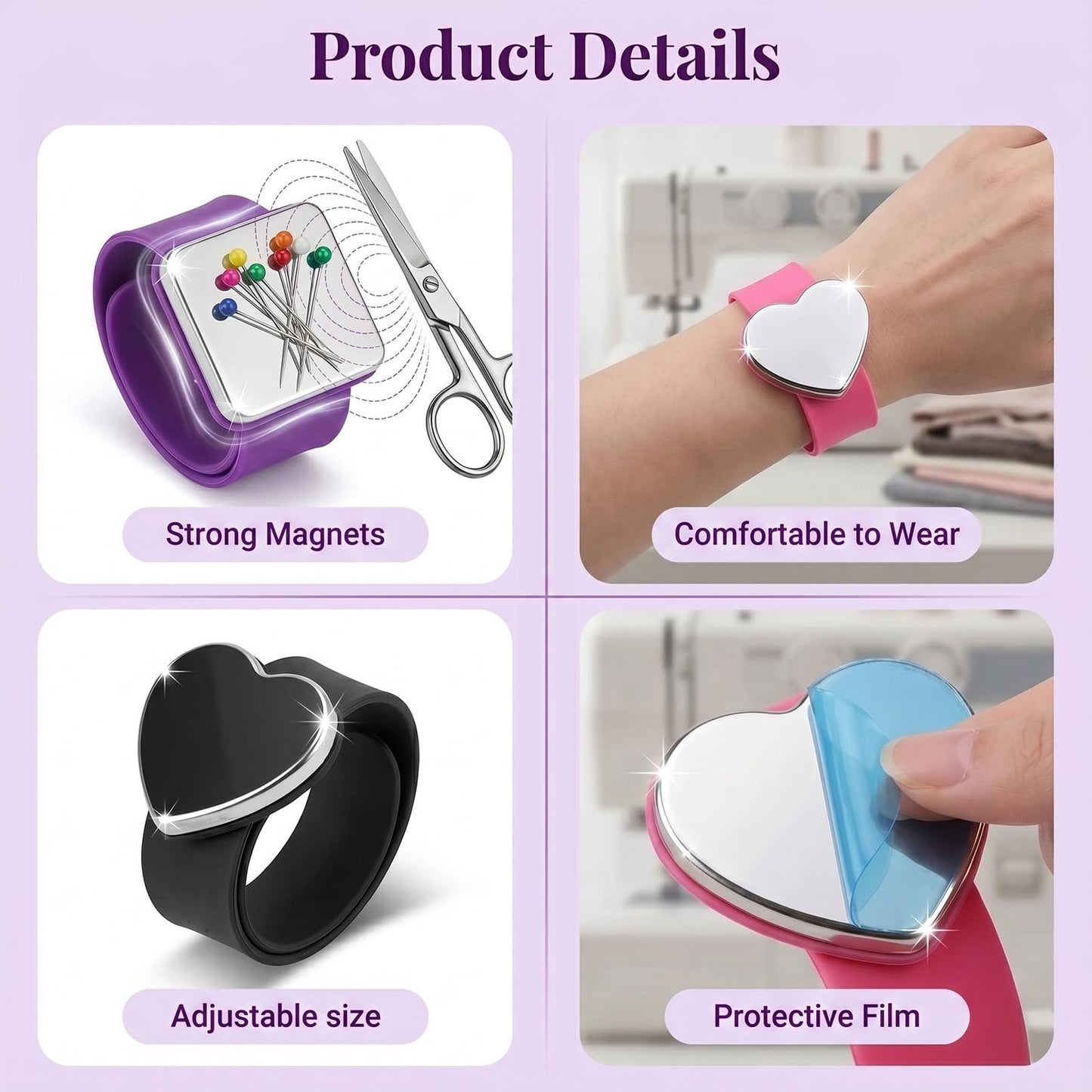 Magnetic Pin Cushion Wristband 3-Pack, Adjustable Wrist Pin Holder with Strong Magnets, Hands-Free Wrist Pin Cushion for Sewing, Quilting, Bobby Pins & Hair Styling, Skin-Friendly Silicone Strap