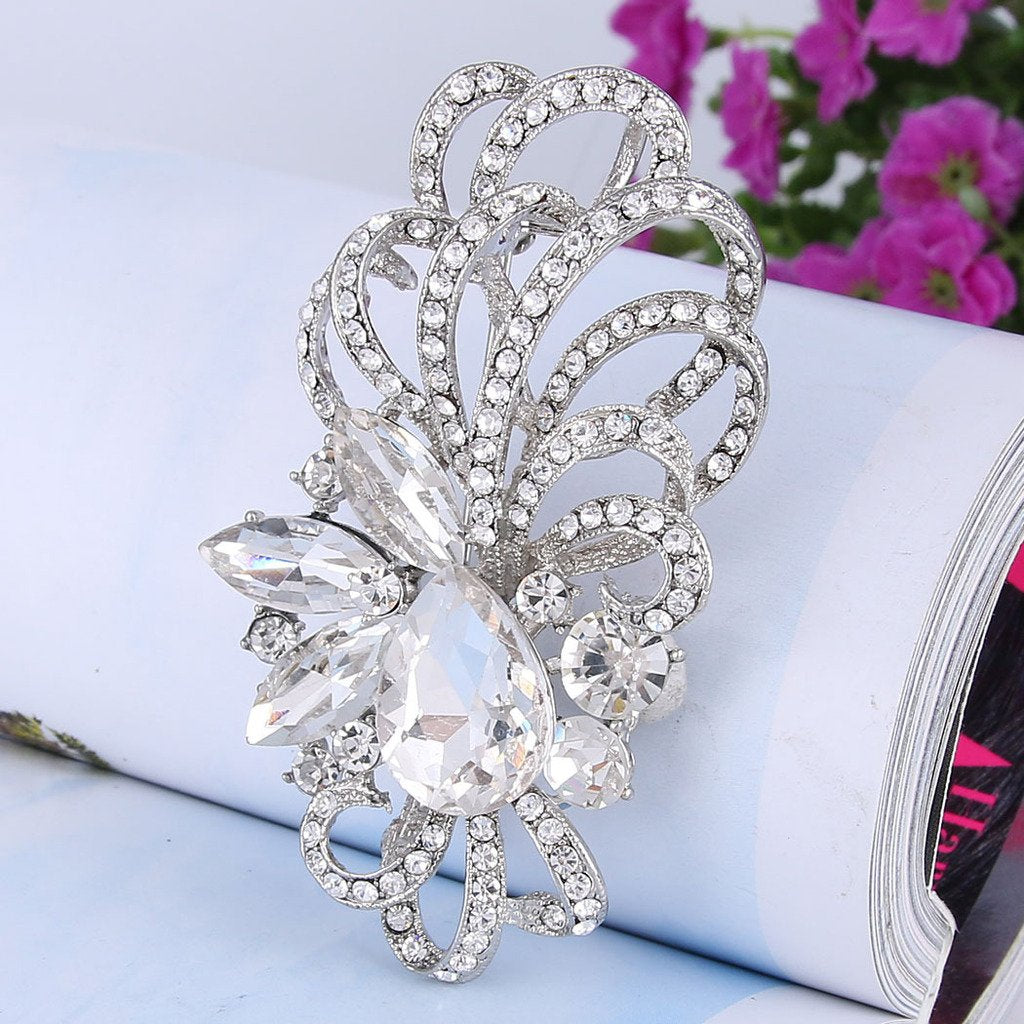 EVER FAITH Silver-Tone Austrian Crystal Bridal Flower Ribbon Teardrop Brooch Pendant Clear