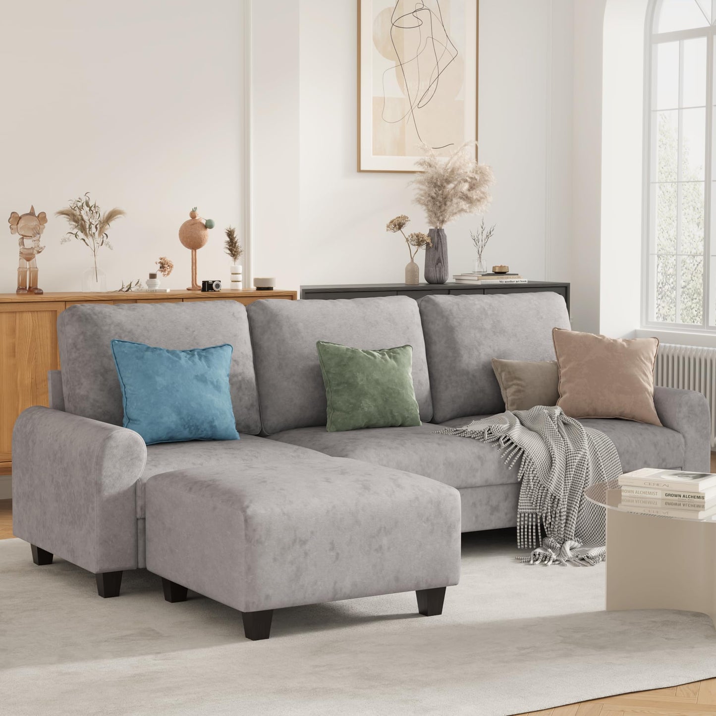 EASE MOOSE Large Seat Velvet L-Shaped Sofa, Soft 4 Seat Couch with Reversible Chaise, Comfy Sectional Modular Sofa with Removable Washable Covers for Living Room and Small Space, Grey