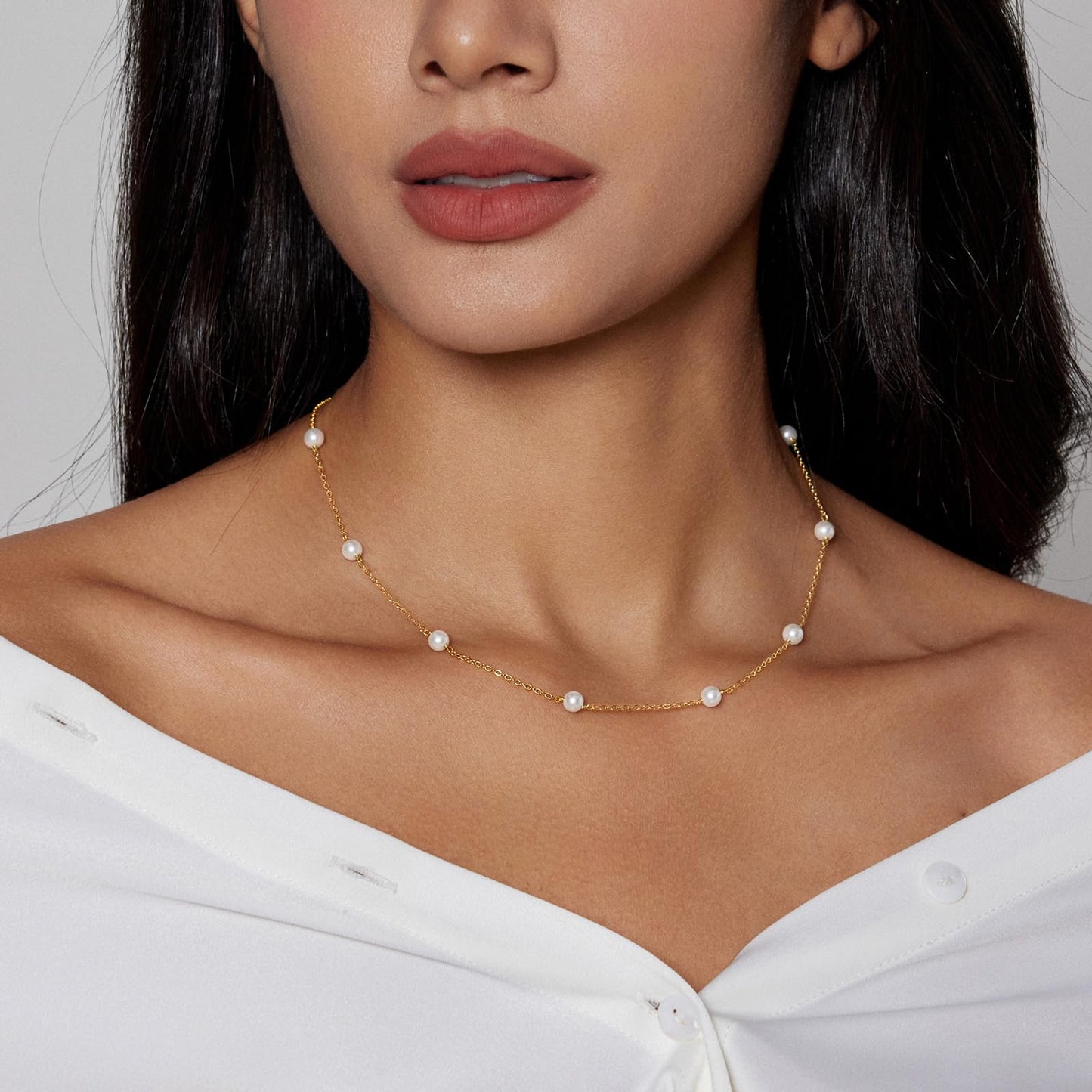 OGD Pearl Necklace for Women Trendy 14K Gold Plated Dainty Satellite Choker Handmade Delicate Wedding Pearl Strand Gold Pendant Necklace Simple Cute Jewelry Gifts for Women