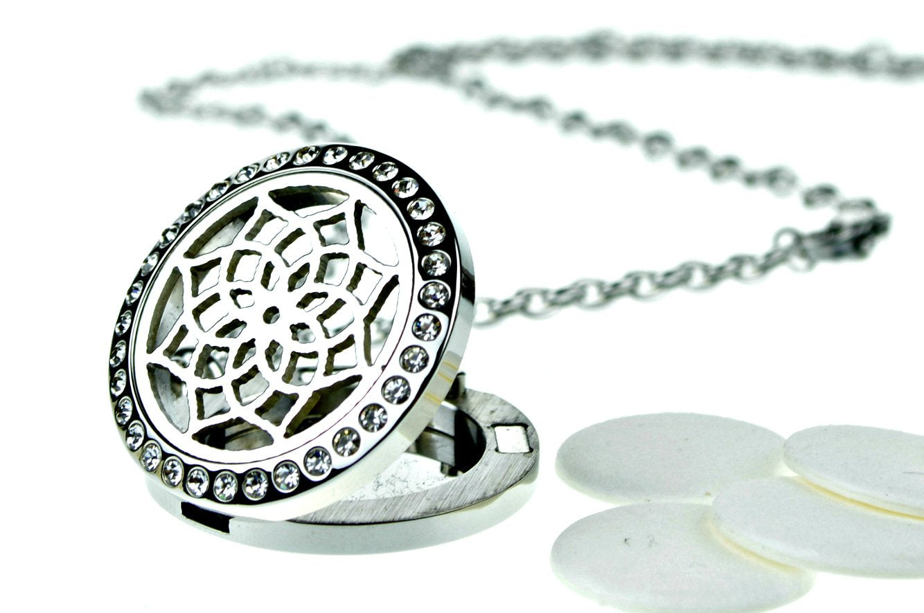 Tree of Life and Flower with CZ's Essential Oil Diffuser Necklace Stainless Steel t Pendants with 24" Chains + 12 Refill Pads