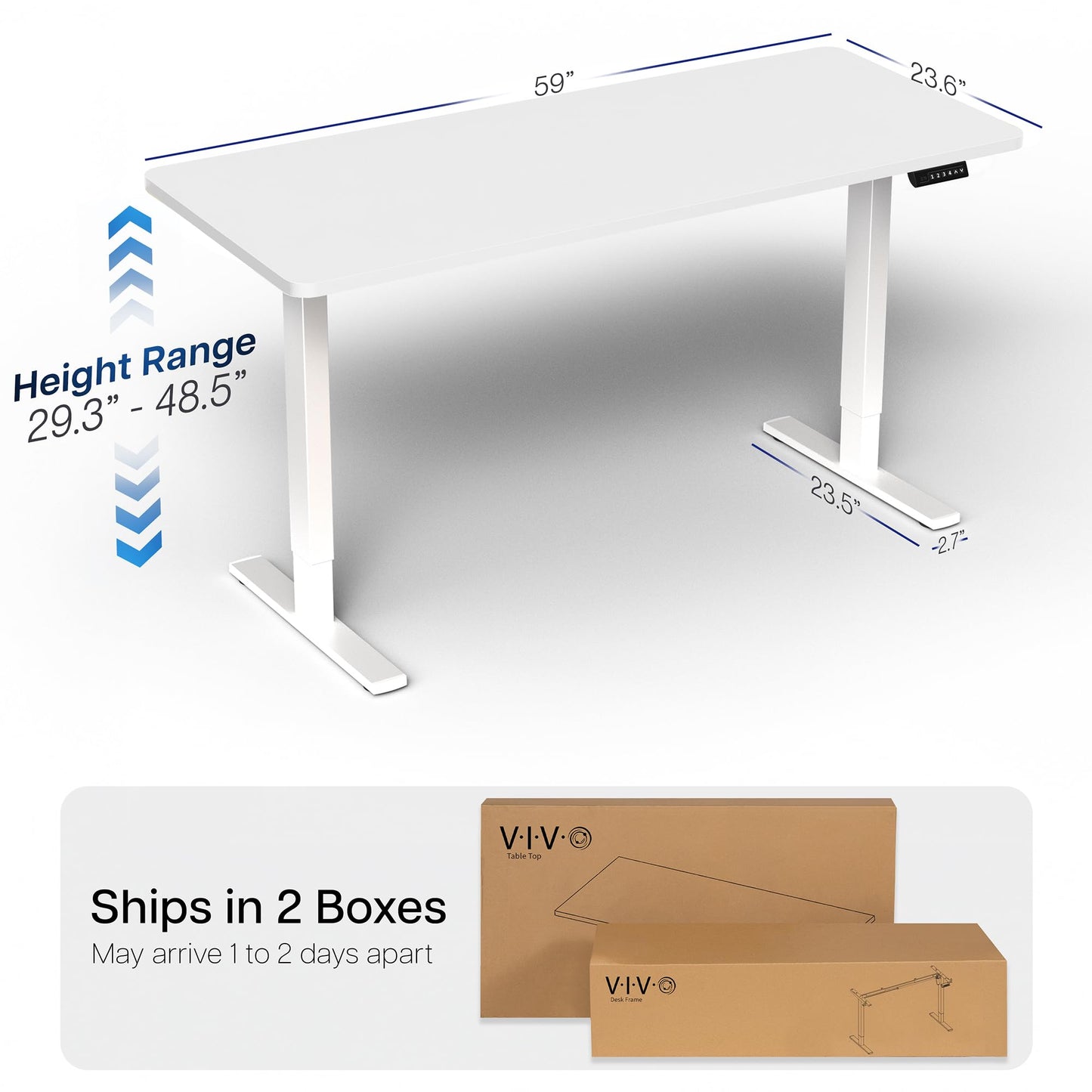 VIVO Electric 60 x 24 in Standing Desk, Memory Height Adjustment, 1B Series, Holds 220 lbs, One-Piece White Top, White Frame, DESK-KIT-1W6W
