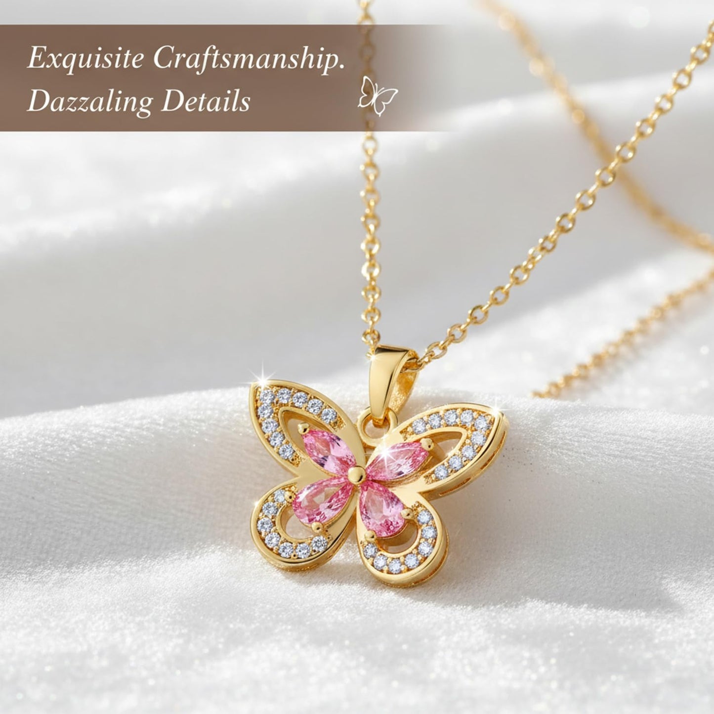 crataly Rose Quartz Butterfly Necklace For Women-Gold Plated October Birthstone Necklace For Valentine's Day Mother's Day Christams Birthday Gifts