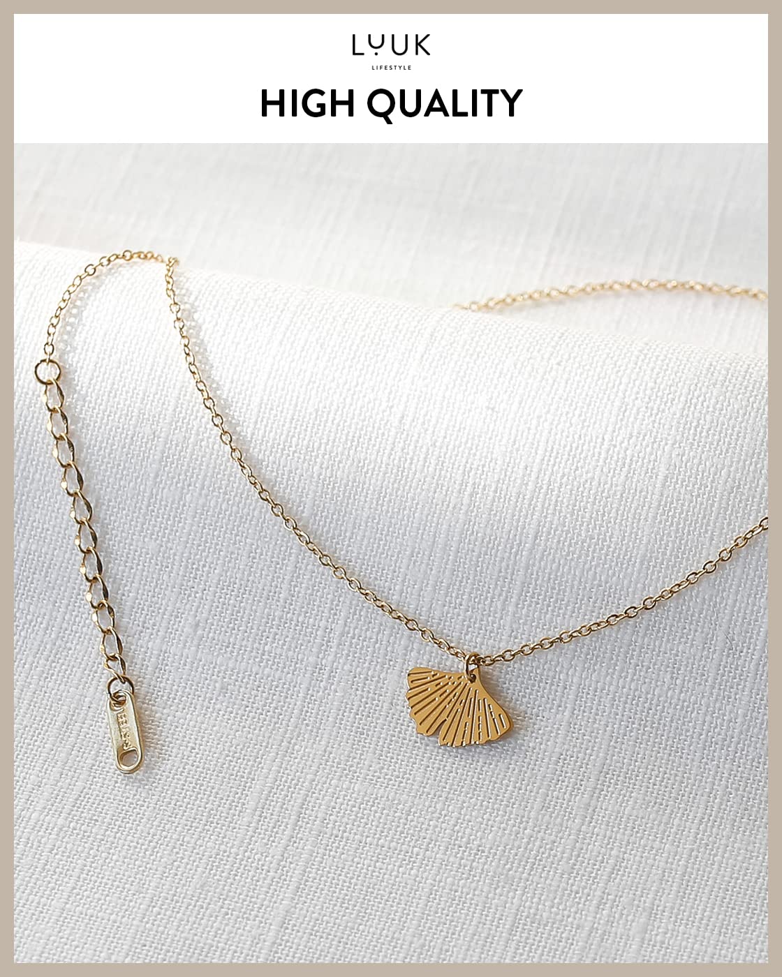 LUUK LIFESTYLE Necklace for women with ginkgo leaf pendant and HAPPINESS gift card, modern and minimalist fashion accessory, jewelry for everyday wear, good luck charm, zen yoga gift, gold