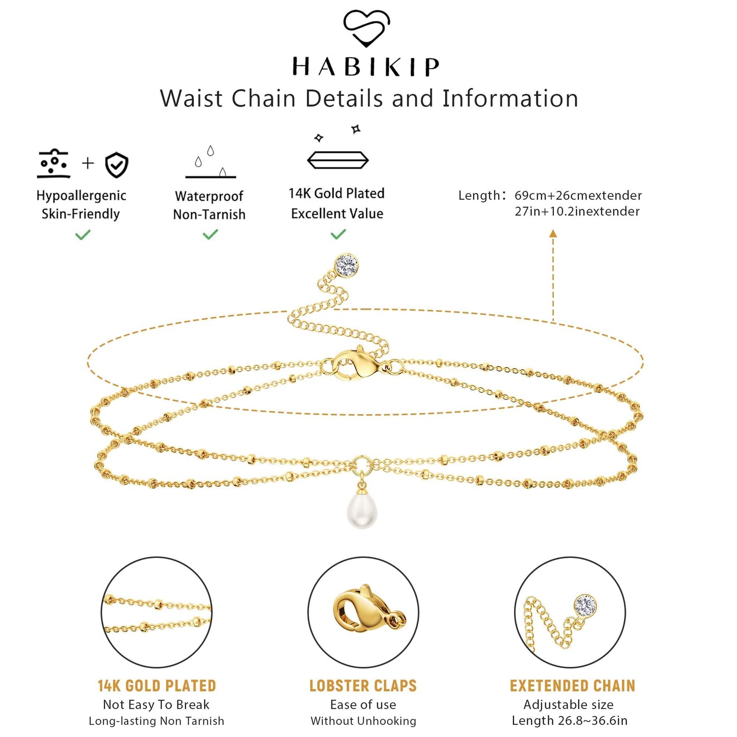 HABIKIP 14K Gold Plated Waist Beads Chain for Women, Gold Plated Belly Drop Pearl Pendant Chain Belt Summer Sexy Bikini Beach Waist Chain Adjustable Body Chain Waterproof Jewelry Accessories for Women