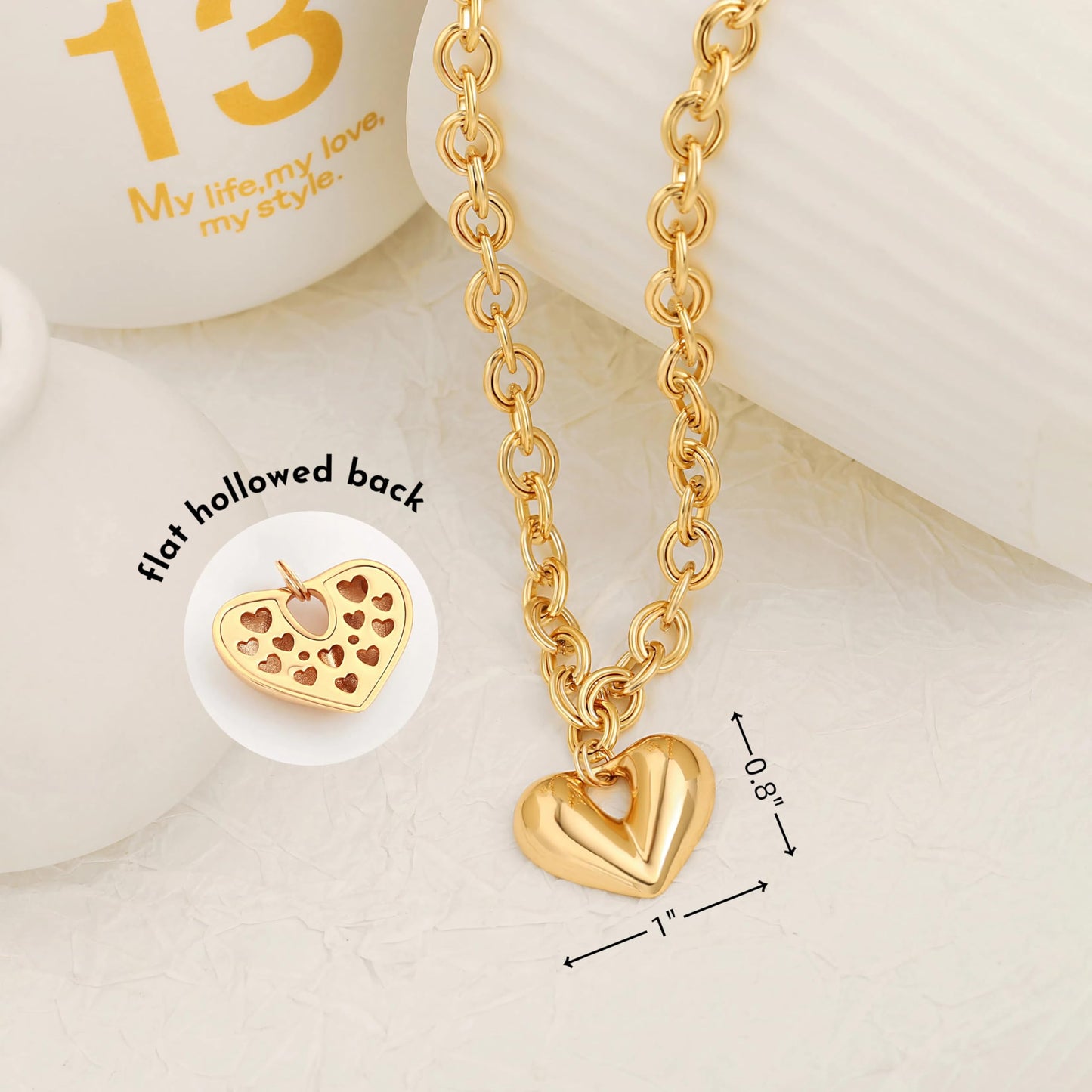 PEARLADA Chunky Gold Plated Heart Necklace for Women, Y2K Statement Necklace with Puffy Heart Pendant, Trendy Thick Gold Plated Chain Jewelry Adjustable