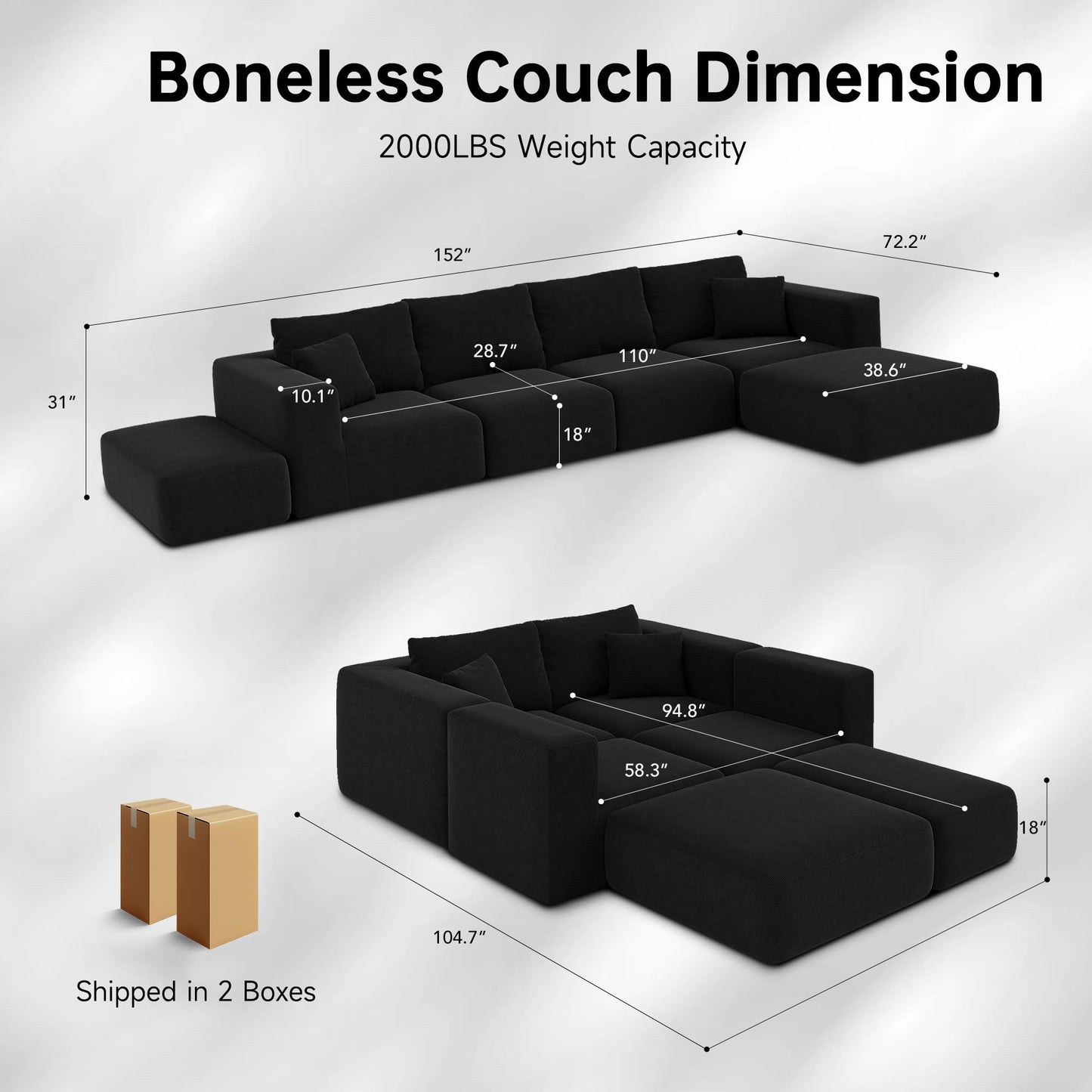 CUGOAO 152'' Oversized 2-in-1 Modular Sectional Sofa Bed, Modern Boneless Couch, Extra Deep Seat Upholstery Cloud Couch, Boneless Couches for Living Room, No Assembly Required, Corduroy Black
