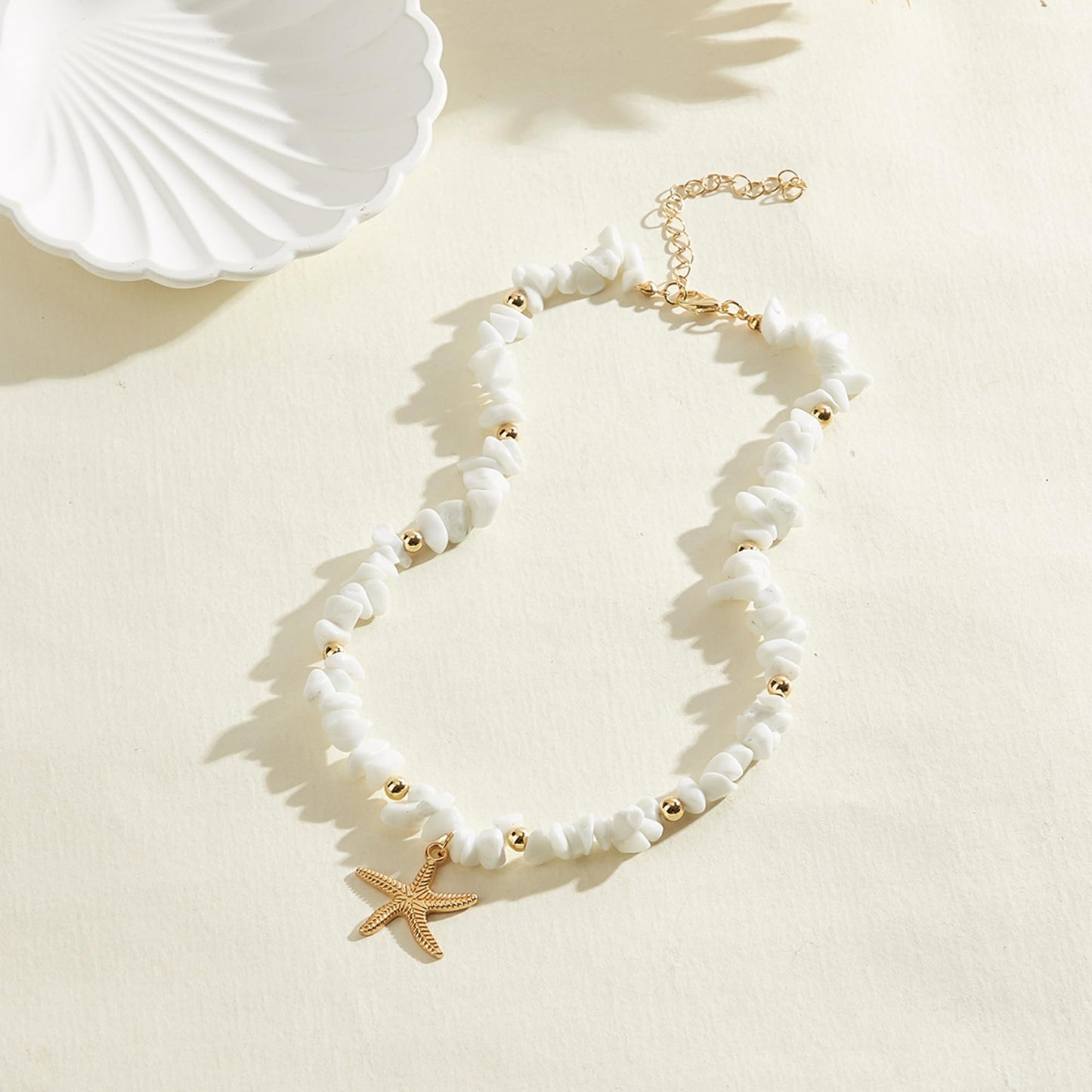 Yepelesi Gold Starfish Necklace Natural Stone Beaded Necklaces for Women Boho Handmade Irregular Stone Bead Necklace Summer Beach Ocean Jewelry Gift (White)