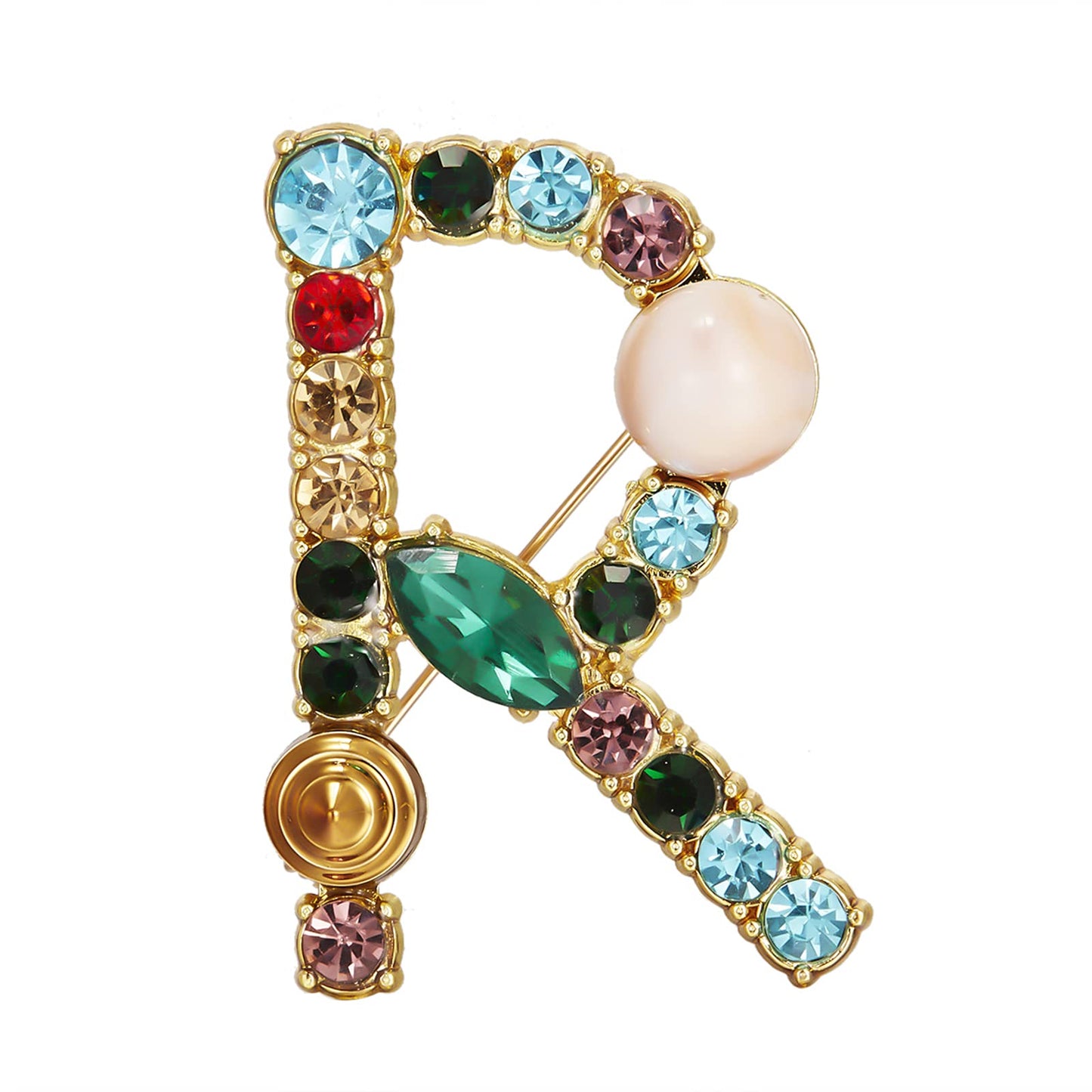 RINHOO Crystal Pearl Initial Brooch Gold Plated Enamel Colorful Letter Alphabet Breastpin Pin Jewelry for GIFTS (Gold R)