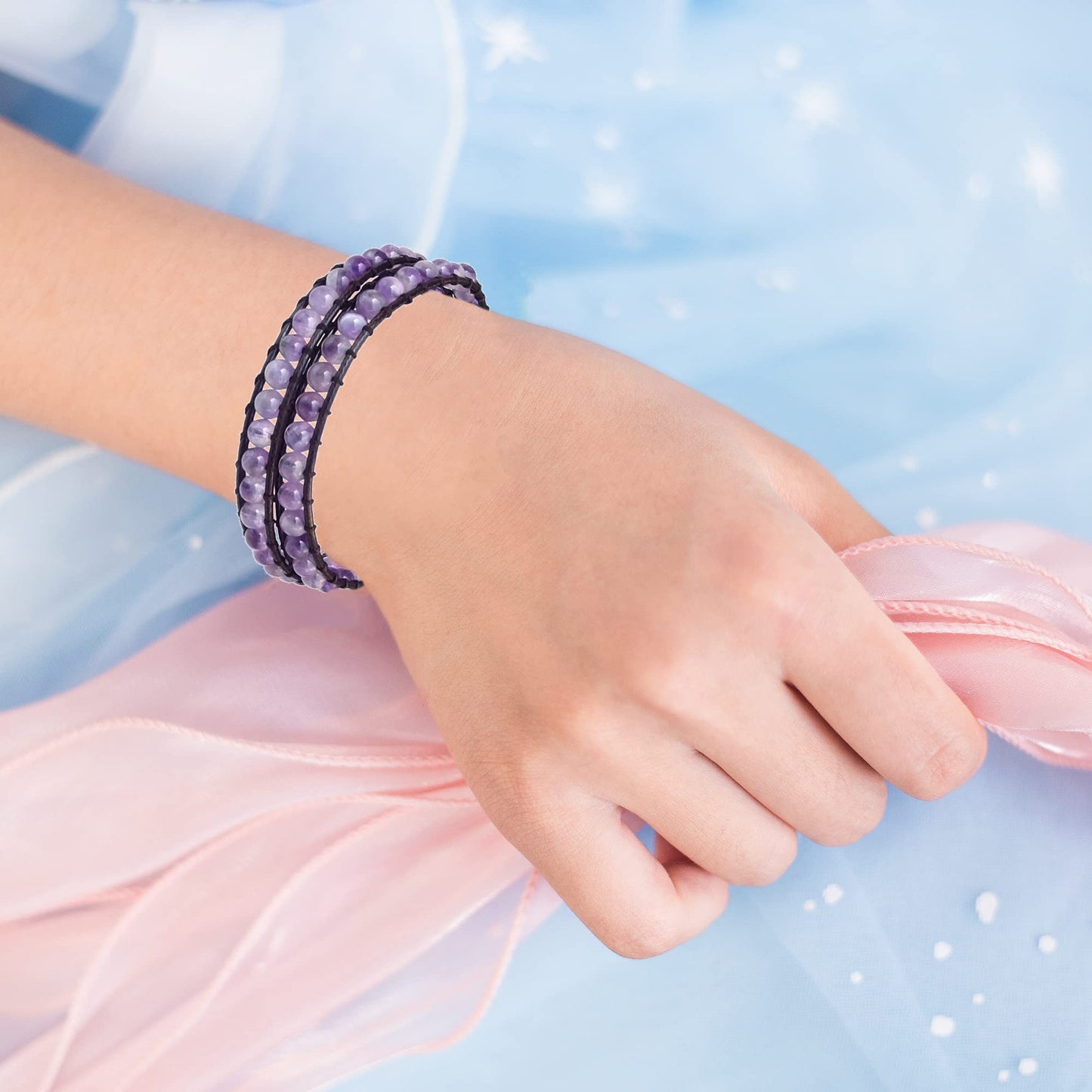 Ayriwoyi Purple Amethyst Bracelet Beaded Wrap Bracelet for Women Healing Crystal Bracelet Adjustable Natural Stone
