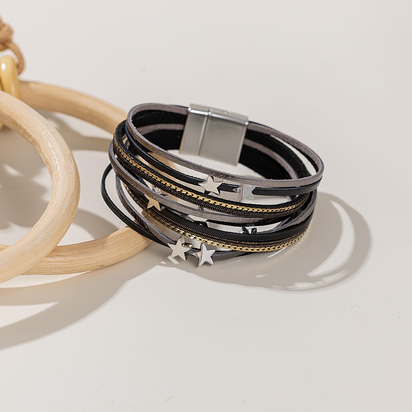 FANCY SHINY Leather Wrap Star Bracelet Boho Bangle Bracelets for Women Trendy Stackable Cute Star Bracelet with Magnetic Clasp(Black)