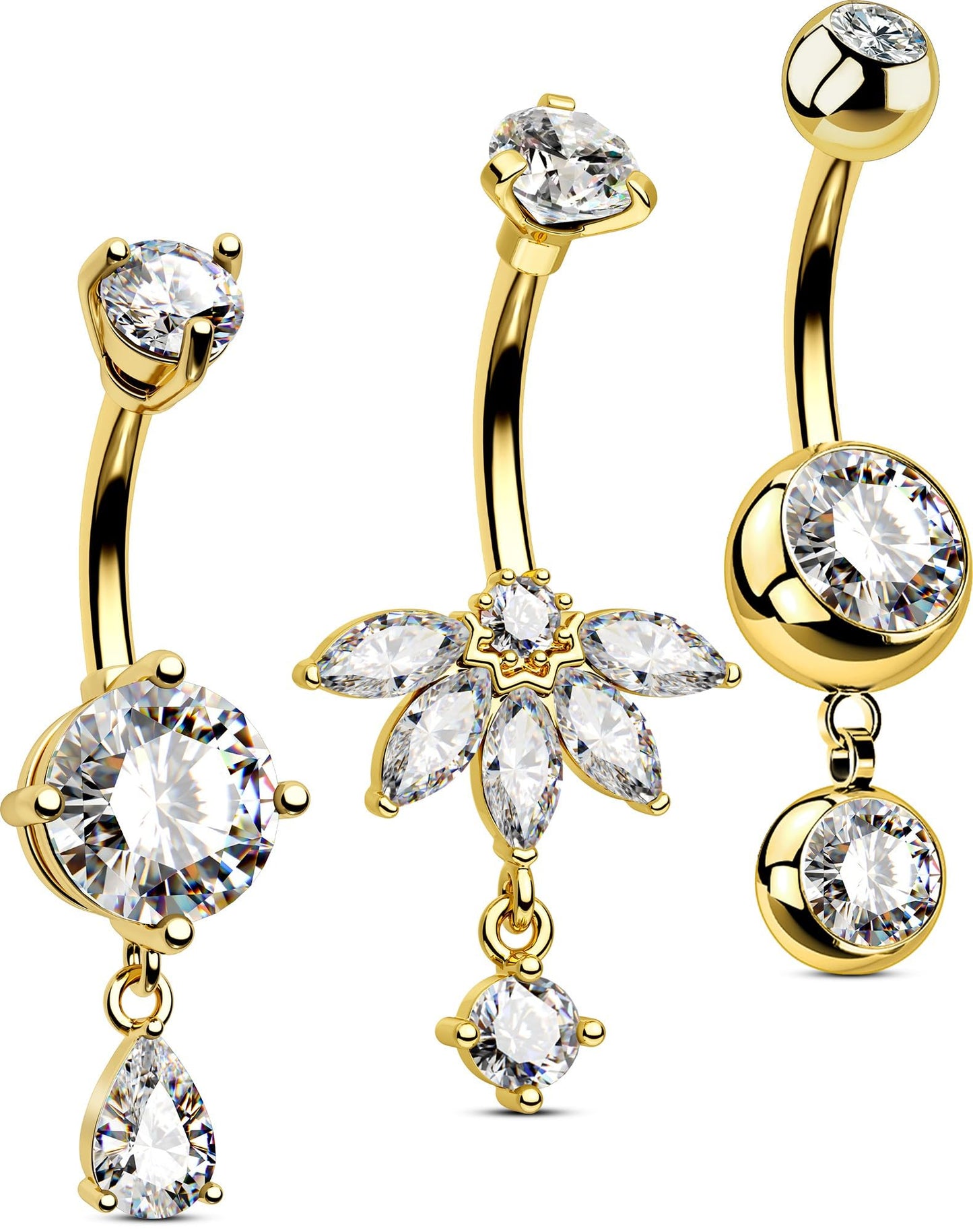 OUFER 3PCS Gold Dangle Belly Button Rings, 316L Surgical Steel Belly Rings for Women Dangling, 14G Flower Crystal Navel Piercing Jewelry, Clear CZ Curved Barbells