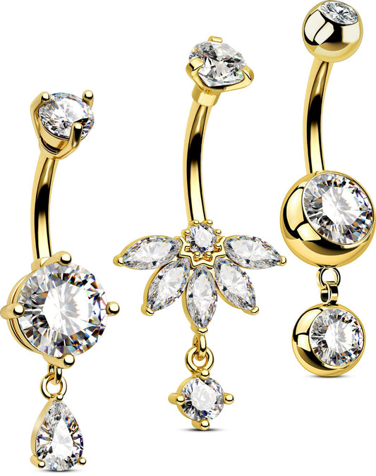 OUFER 3PCS Gold Dangle Belly Button Rings, 316L Surgical Steel Belly Rings for Women Dangling, 14G Flower Crystal Navel Piercing Jewelry, Clear CZ Curved Barbells