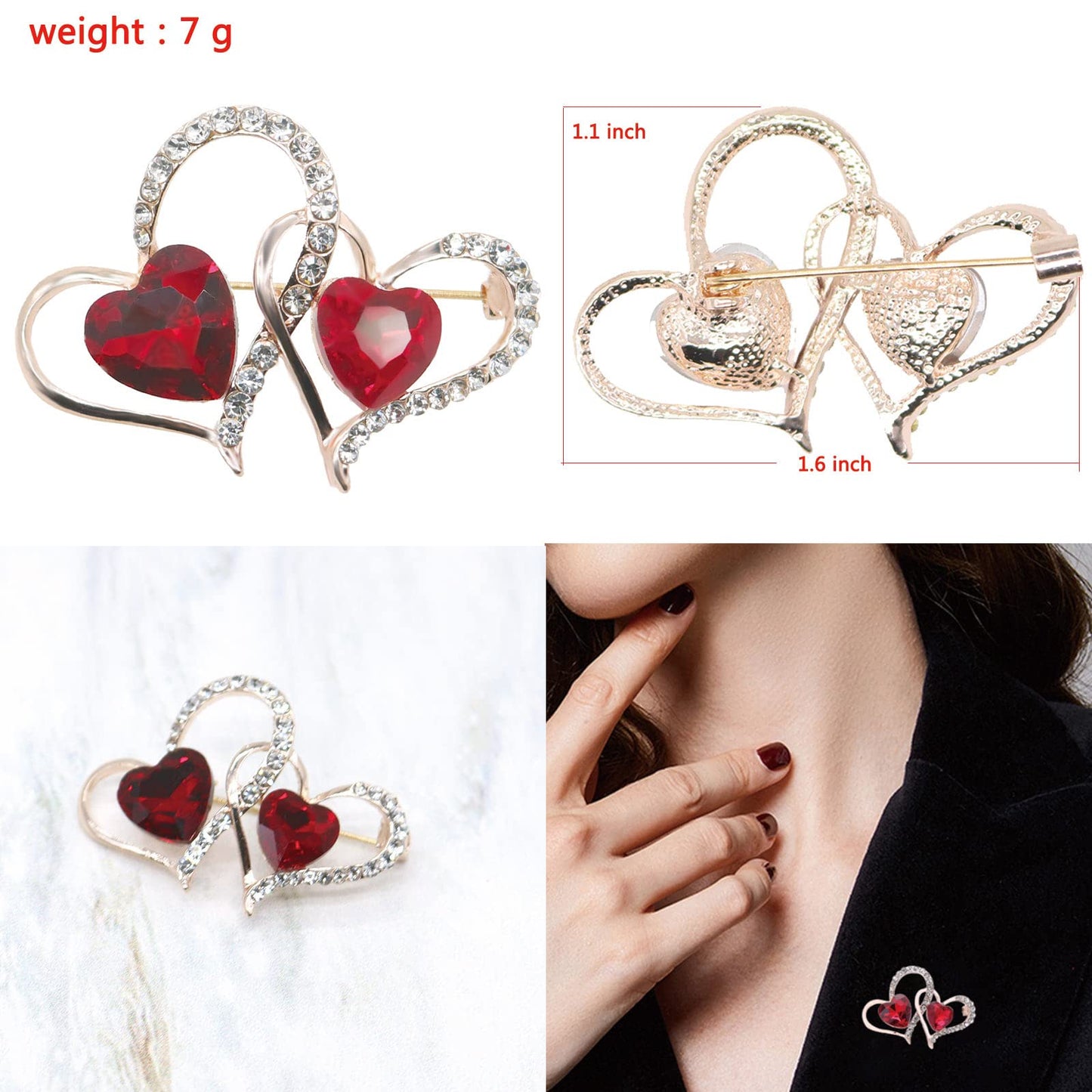Heart Brooch For Women Cluster Pave Elegant Crystal Love Heart Brooches Pin Wedding Party Clothes Accessories Valentines Gift (Double Love Heart)