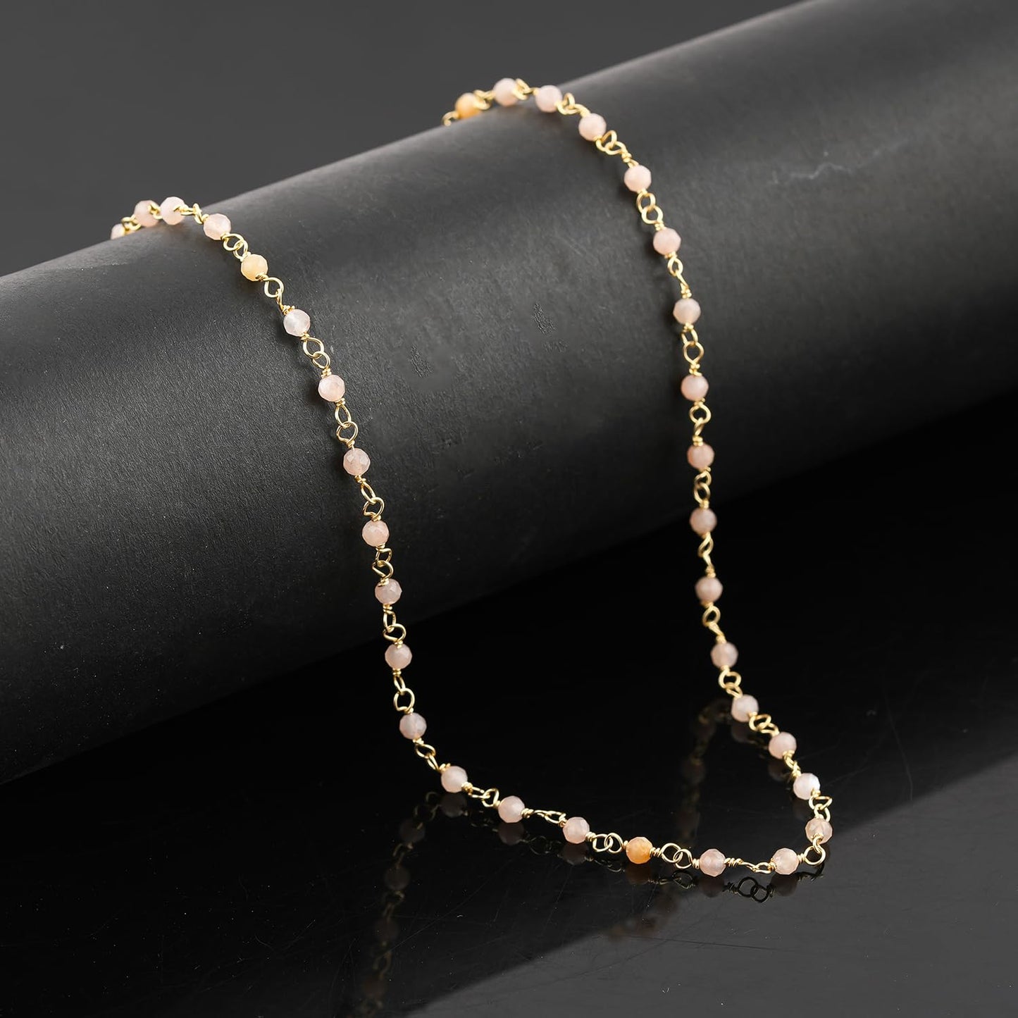 CRYSTALINES (3pcs) Natural Peach Moonstone Gemstone Cluster Combo Set, 14K Gold Plated Jewelry, Spinel Crystals Rosary Chain, Handmade Bohemian Jewelry for Her