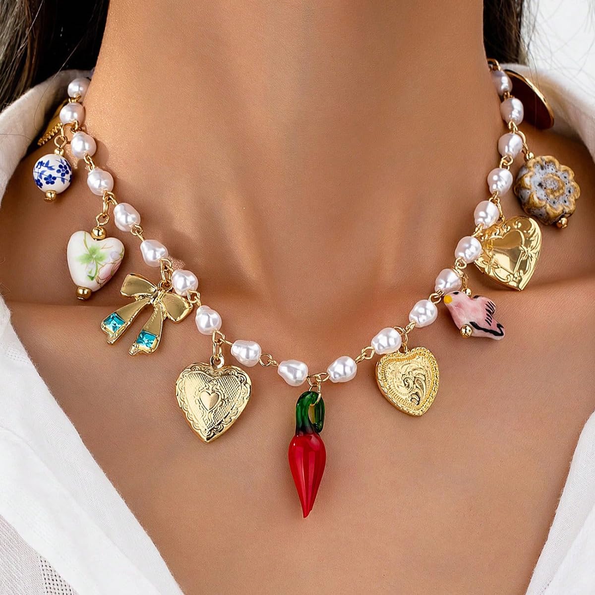 BlingNook Gold Charms Necklace For Women, Colorful Charm Beachy Fish Conch Seashell Heart Pepper Cool Ocean Layered Stackable Summer Holiday Jewelry (Red Pepper)