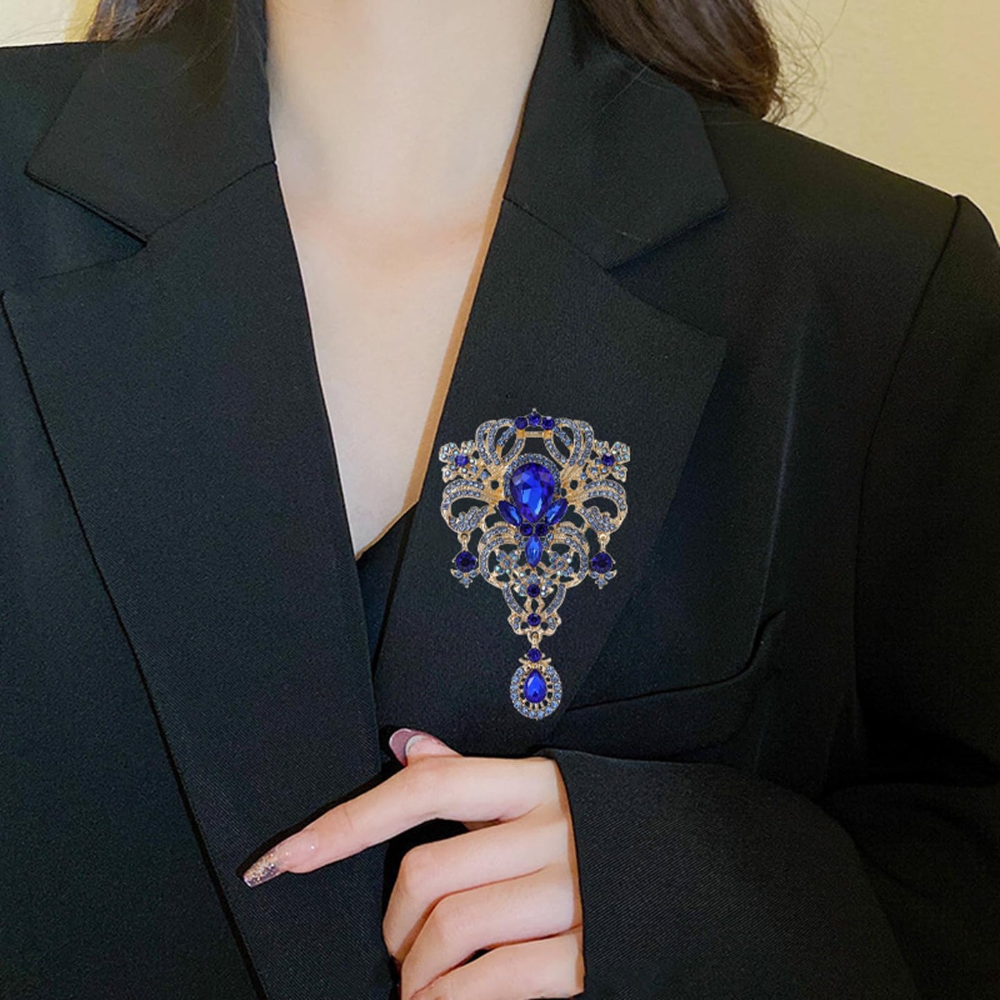 YOQUCOL Retro Blue Austrian Crystal Big Brooch Pin for Women Large Flower Shape Brooches Lapel Pins for Sweater,Coat Dress Accessories