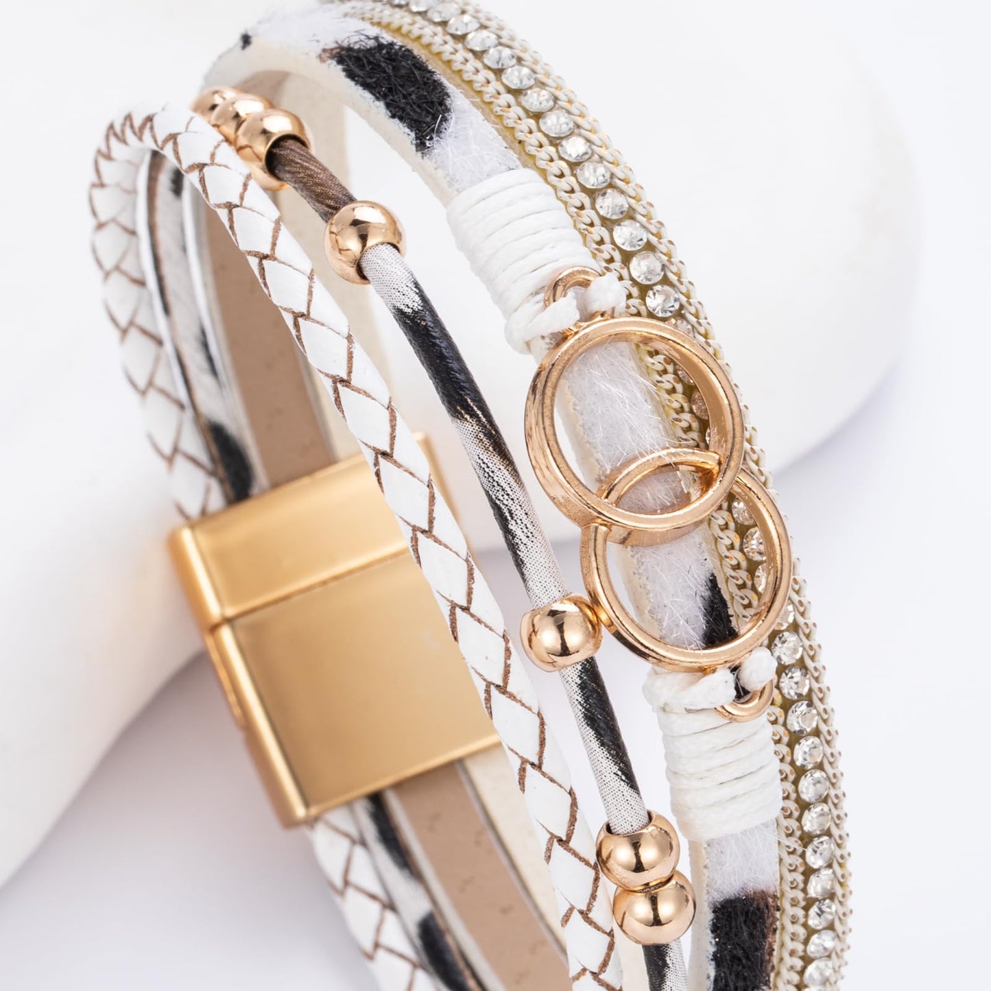 FANCY SHINY Boho Leather Wrap Bracelet Stackable Beaded Infinity Chunky Cuff Bracelets with Magnetic Clasp Western Hippie Outfits Jewelry Gifts for Women(White Leopard)