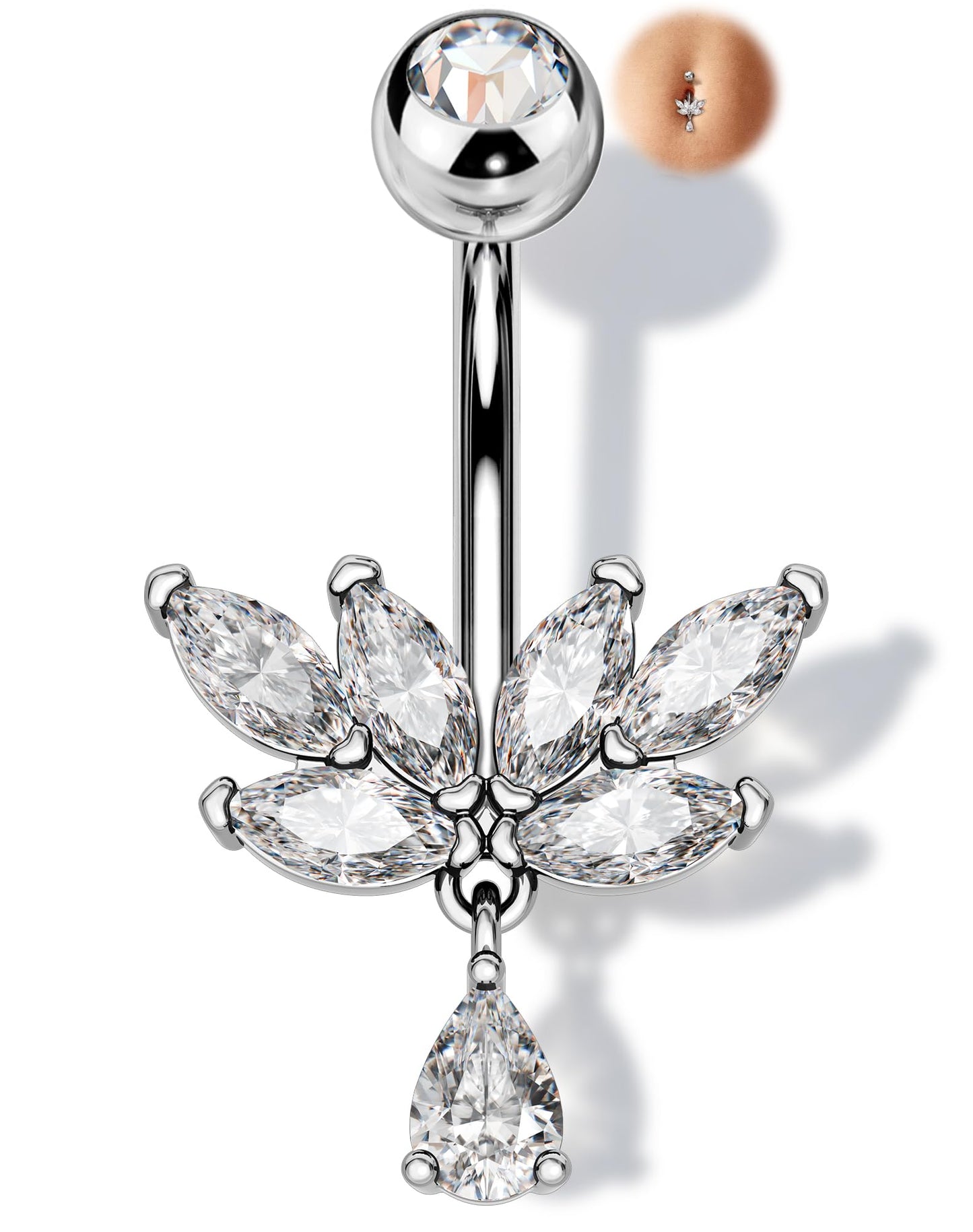 Melighting 14G Lotus Belly Button Ring Stainless Steel 316L Dangle Navel Piercing Jewelry Marquise CZ Belly Bar 10 mm Silver Body Jewellery for Women