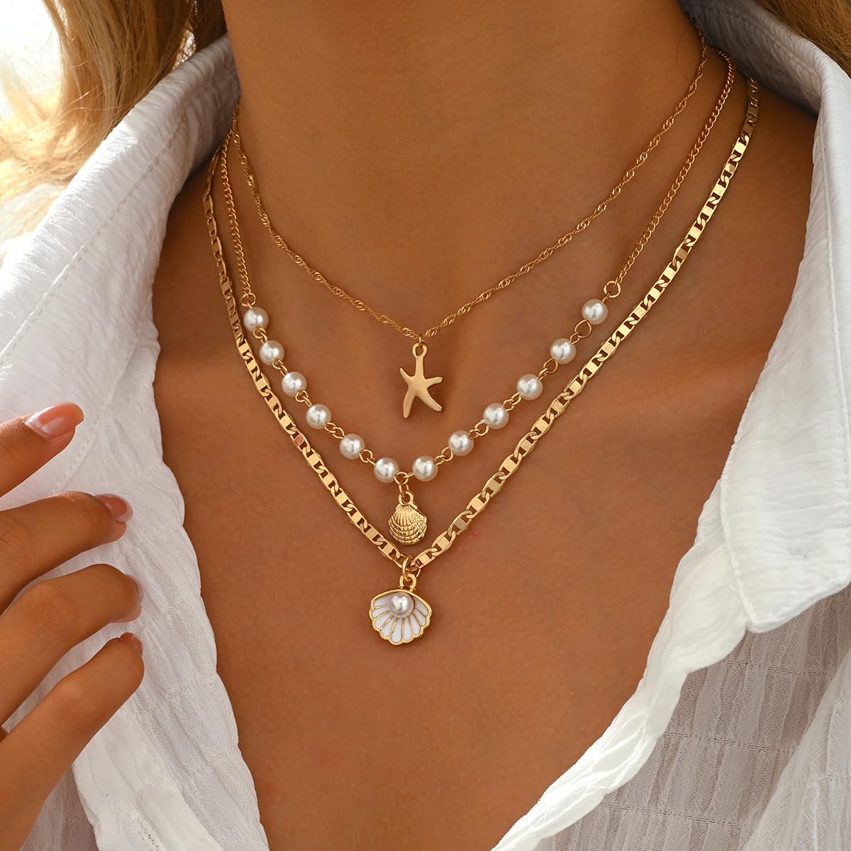 ONBRIG Seashell Necklace Beach Jewelry for Women Starfish Cowrie Puka Shell Necklaces Summer Beach Accessories for Women Vacation Mermaid Ocean Jewelry (style 2)