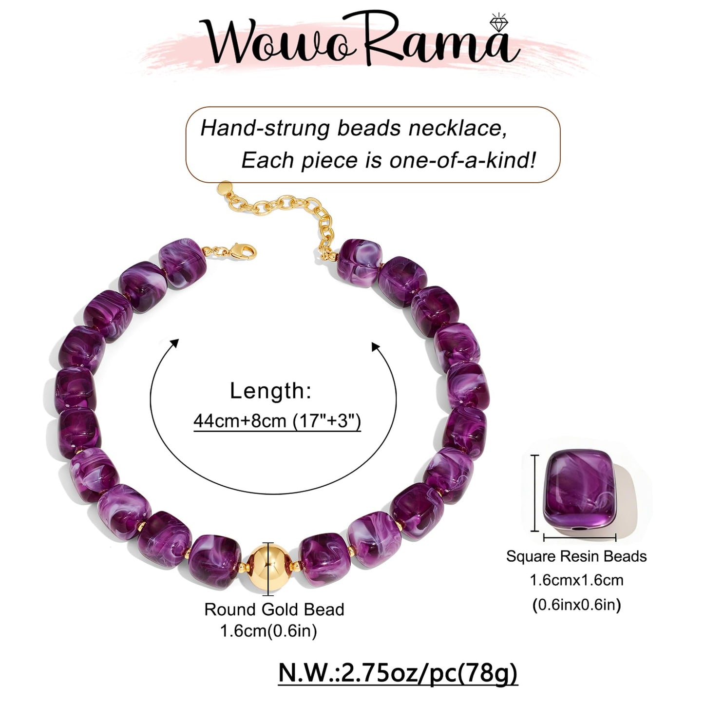 WOWORAMA Chunky Beaded Necklaces for Women Elegant Purple Square Resin Beads Necklace Trendy Chunky Choker Collar Necklaces Boho Statement Jewelry