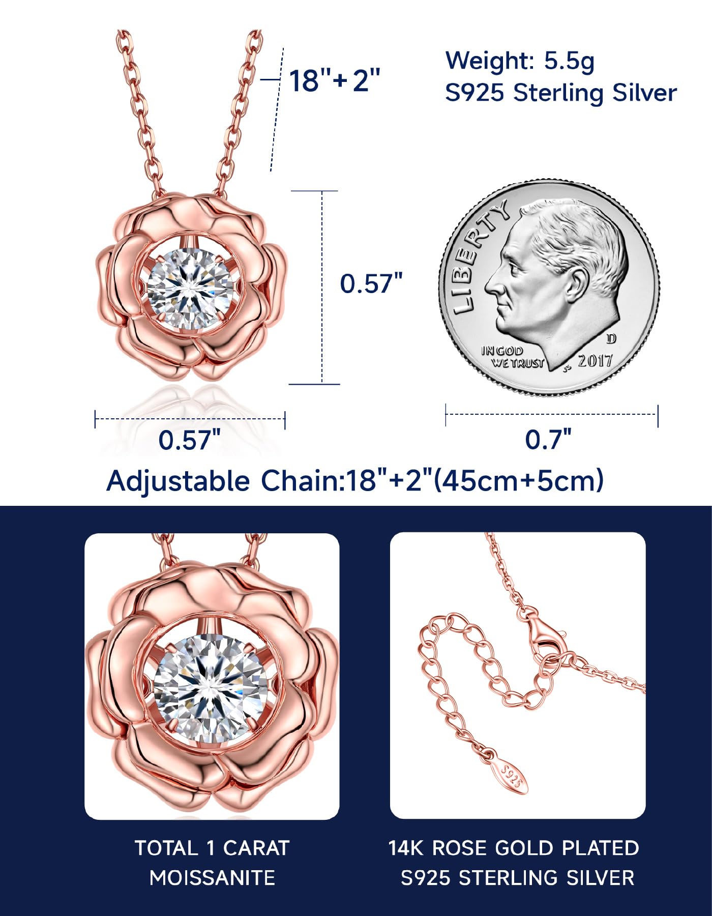 MomentWish Rose Necklace, Birthday Gift for Mom, 1 Carat Moissanite Necklace for Women with Moving Stone, 14K Rose Gold Plated 925 Sterling Silver Pendant, 18''+2 Extender