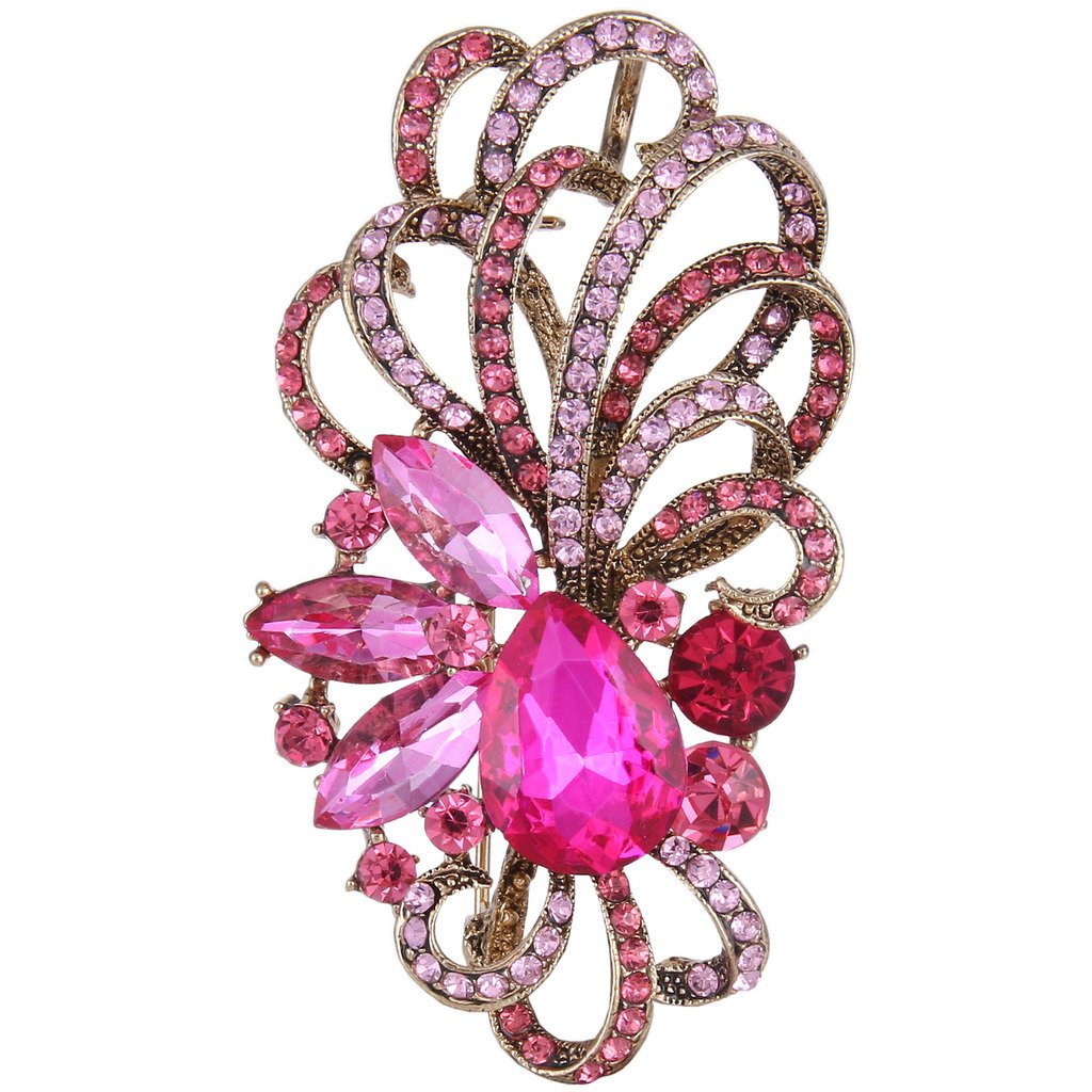 EVER FAITH Antique Gold-Tone Austrian Crystal Flower Ribbon Teardrop Brooch Pendant Pink