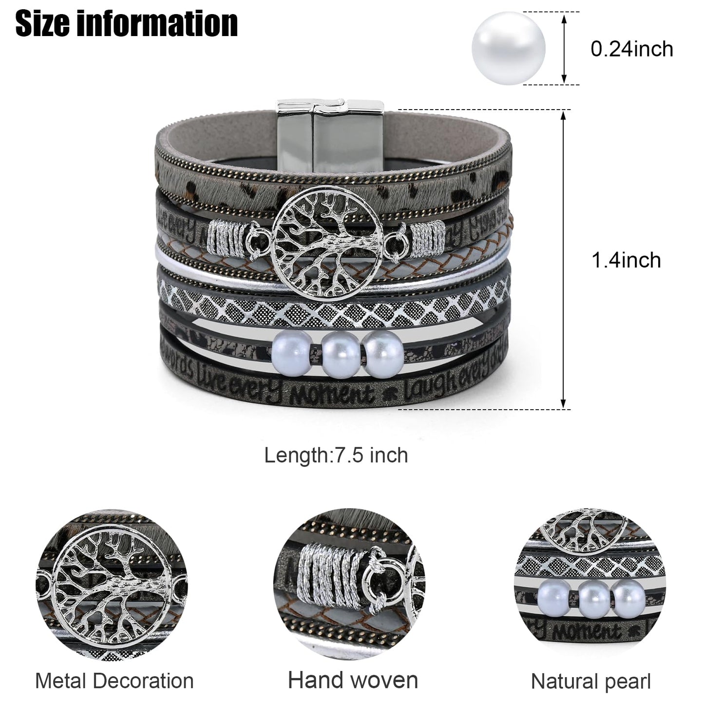 VIBILIA Boho Leather Wrap Bracelets for Women Tree of Life Multi-Layer Bracelets with Strong Clasp Jewelry for Women-Leopard Grey