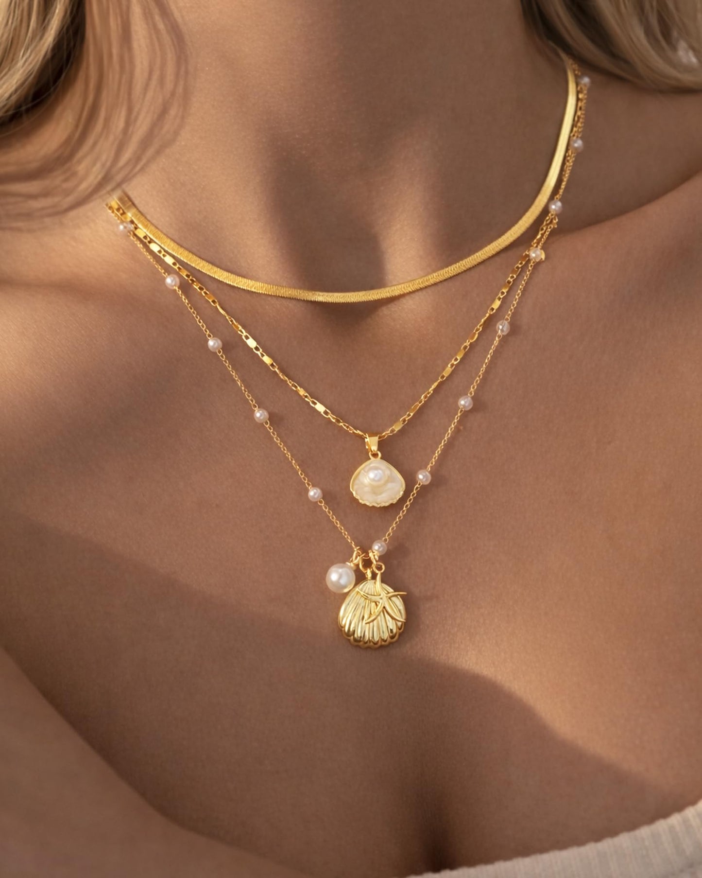 iF YOU Gold Necklace for Women, Layered Gold Seashell Necklace Set, Beach Themed Charm Necklace with Starfish and Flower Pendants, Dainty Gold Jewelry for Women (GOLD-01)