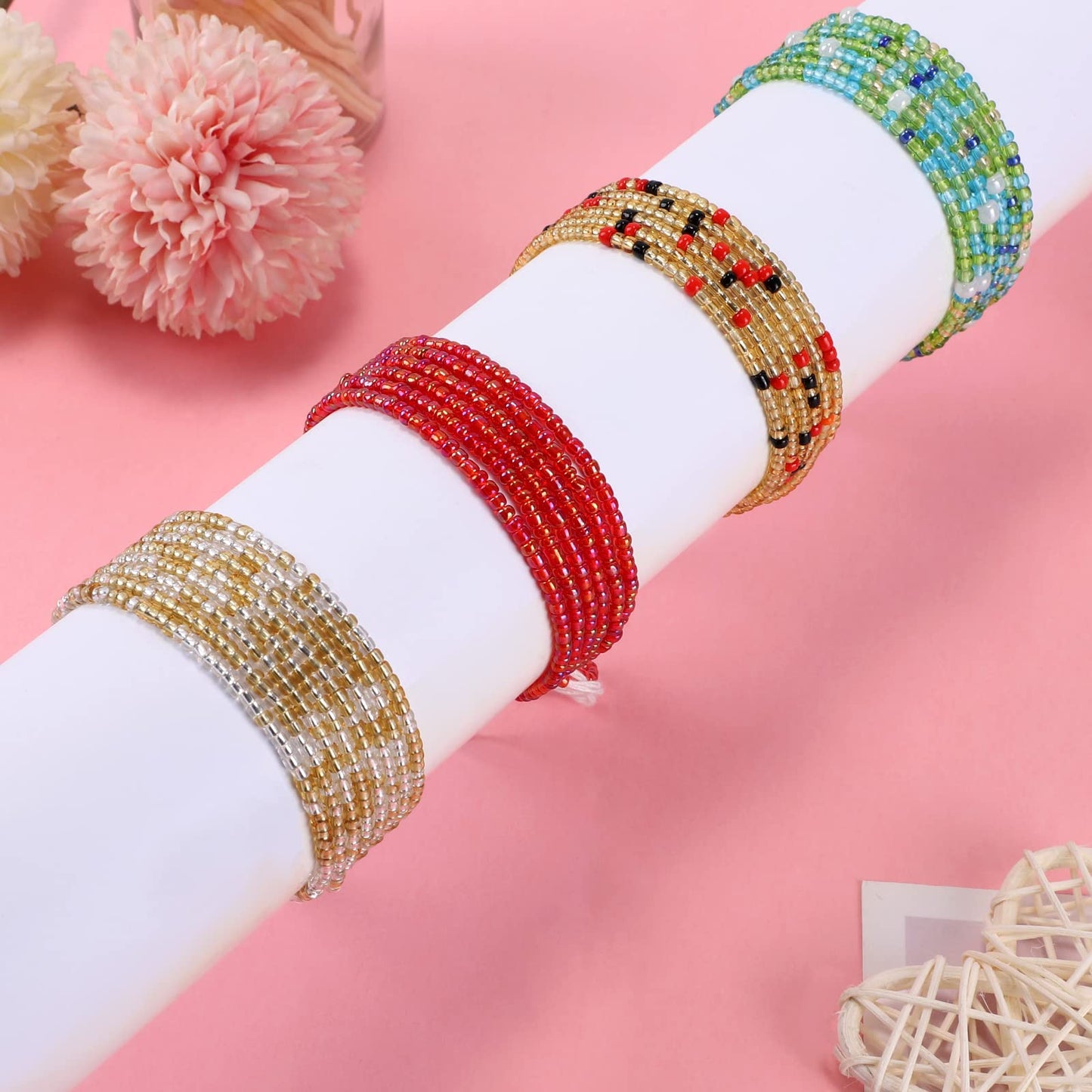 Teniinet 4PCS 50” Handmade African Waist Beads for Women Non-Stretching(Tie-on)