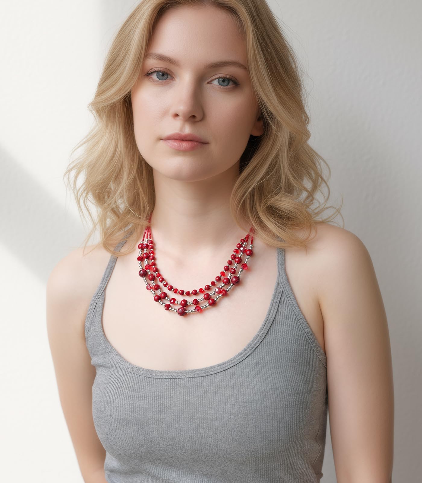 Noessla Beaded Statement Necklaces for Women Layered Chunky Bead Necklace Fashion Costume Jewelry Gifts for Mom(Red)