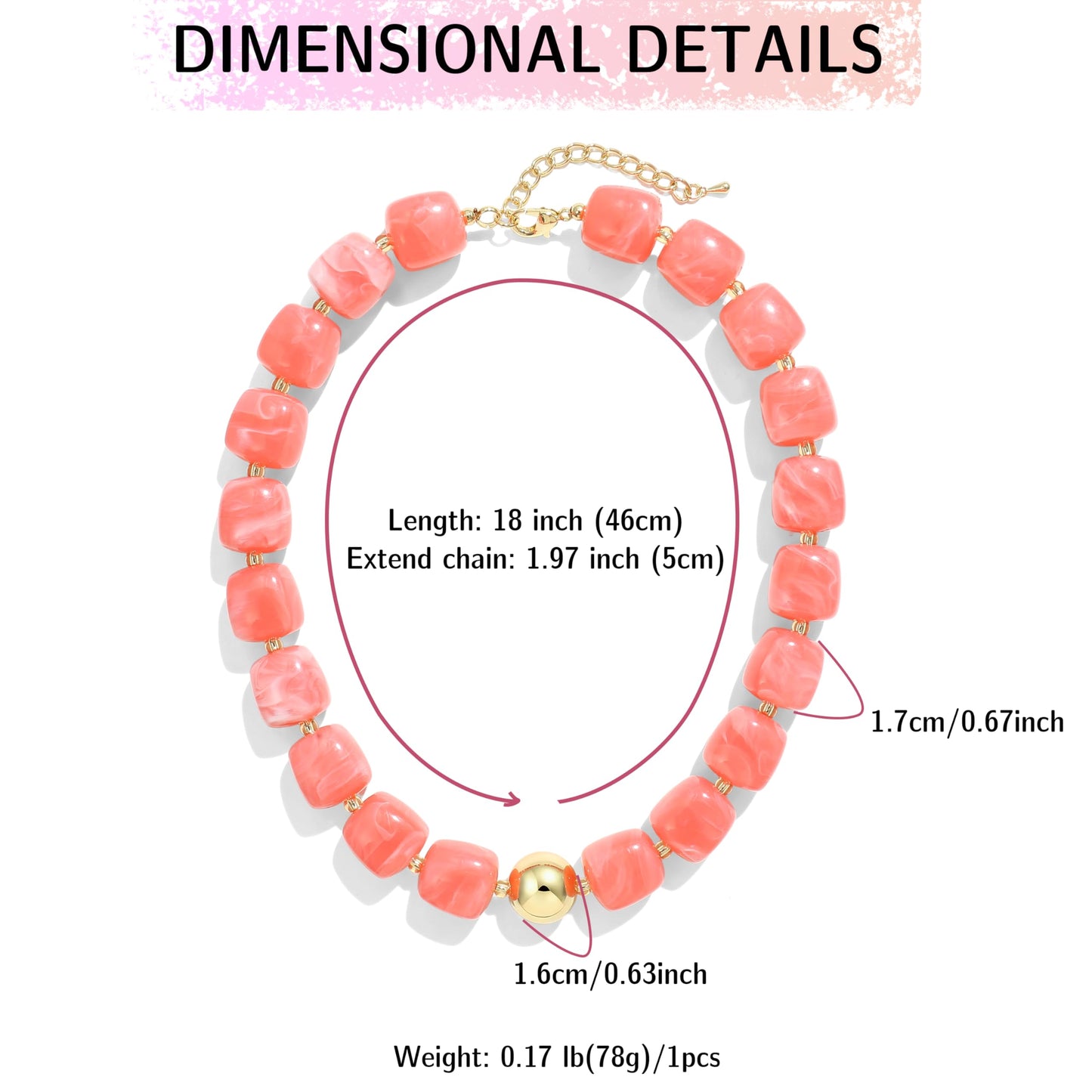 BREPINE Watermelon Red Pink Chunky Necklaces for Women Multicolored Large Square Resin Beads Necklace Trendy Bold Statement Beaded Summer Candy jelly Vacation Choker