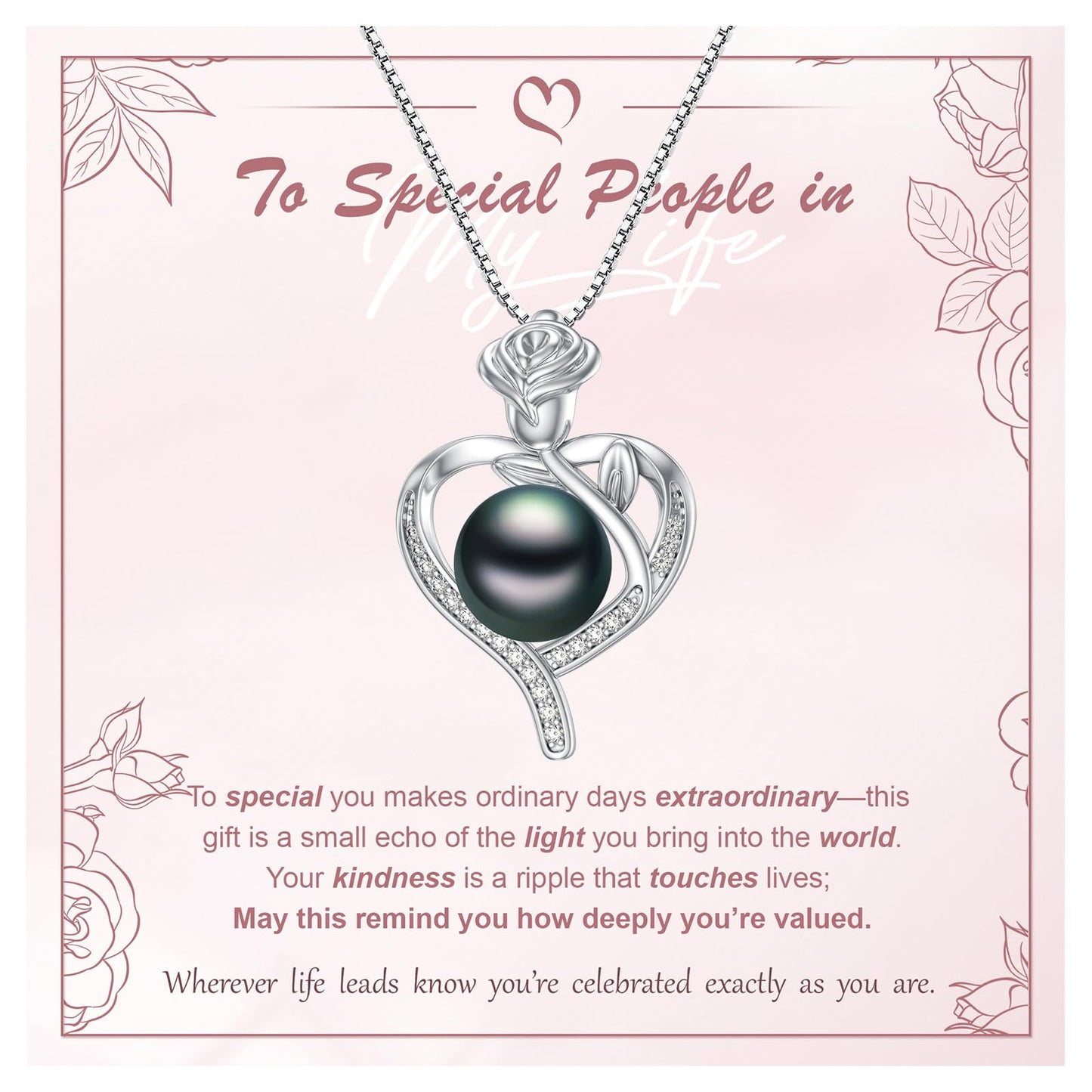 KANNSOAR 9MM Tahitian Black Pearl Rose Fower Heart Pendant Necklace Pearl Jewelry-Wedding Birthday Anniversary Valentines Day Christmas Mothers Day Gifts for Women Wife Mom Girlfriend Her