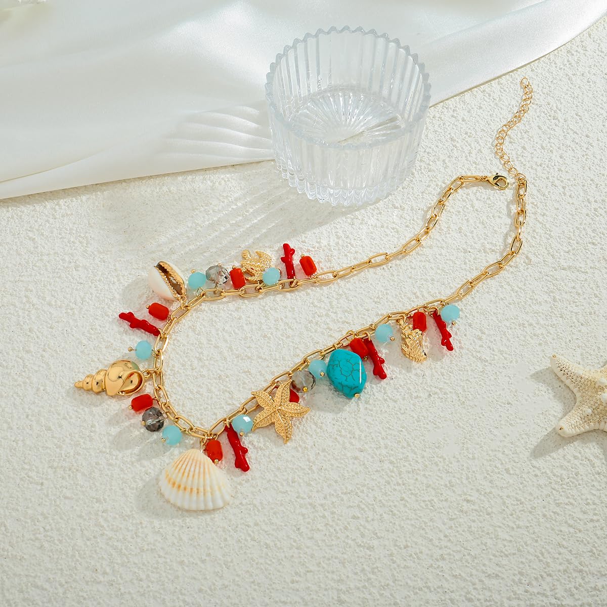 CLASSYZINT Gold Ocean Charm Necklace with Shell Starfish Beads for Women Beach Layered Jewelry