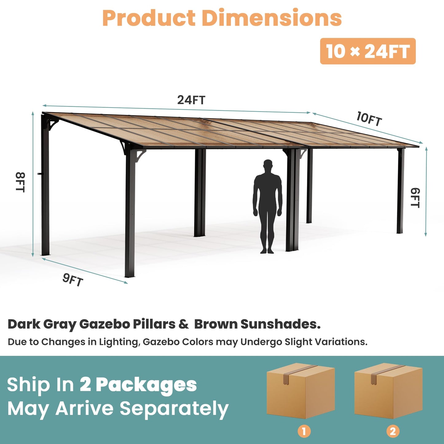 Pamapic 10 * 24FT Wall Mounted Gazebo,Hardtop Lean to Pergola,Outdoor Gazebo,Aluminum Frame Pergola,UV Resistant Polycarbonate Roof,Outdoor Patio Awnings for Deck,Backyard