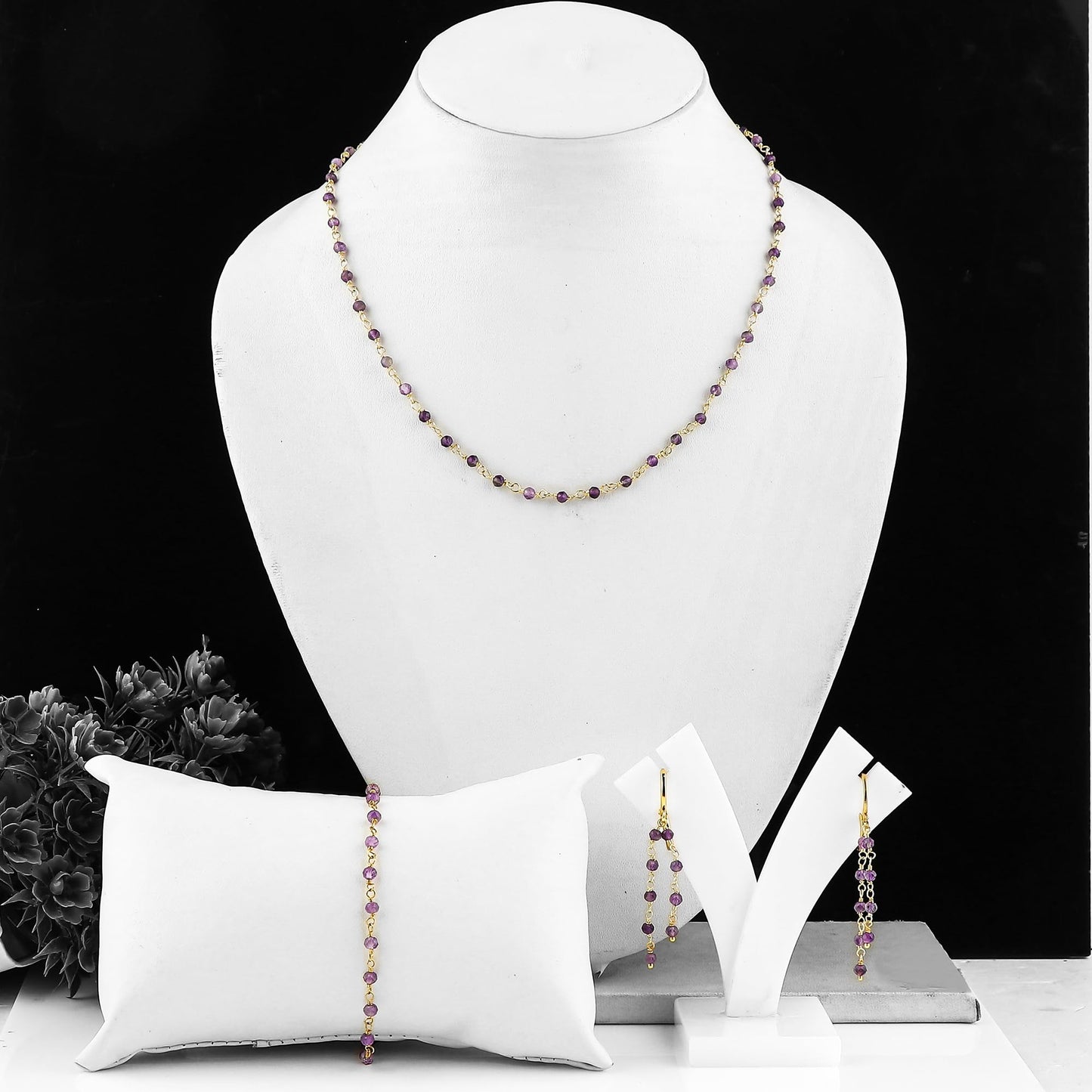 CRYSTALINES (3pcs) Natural Amethyst Gemstone Cluster Jewelry Combo Set, 14K Gold Plated, Crystals Beads Rosary Chain, Handmade Bohemian Jewelry - Bracelets, Necklace, Earrings for Women