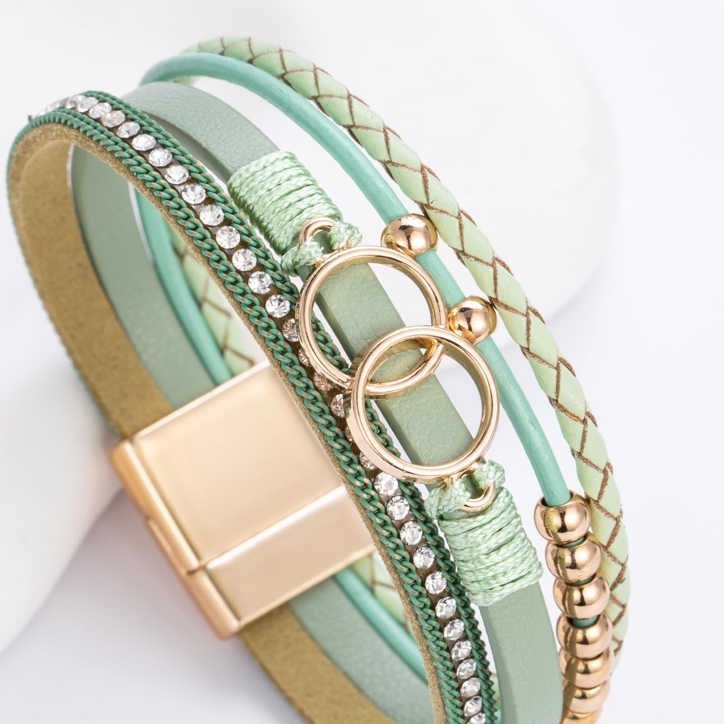 FANCY SHINY Boho Leather Wrap Bracelet Stackable Beaded Infinity Chunky Cuff Bracelets with Magnetic Clasp Western Hippie Outfits Jewelry Gifts for Women(Avocado)