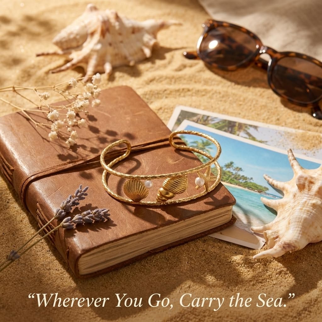 MystiGlimmer Starfish Open Cuff Bracelet for Women 18K Gold Plated Stainless Steel, Adjustable Ocean-Inspired Arm Cuff, Waterproof, Hypoallergenic Beach Jewelry Gift