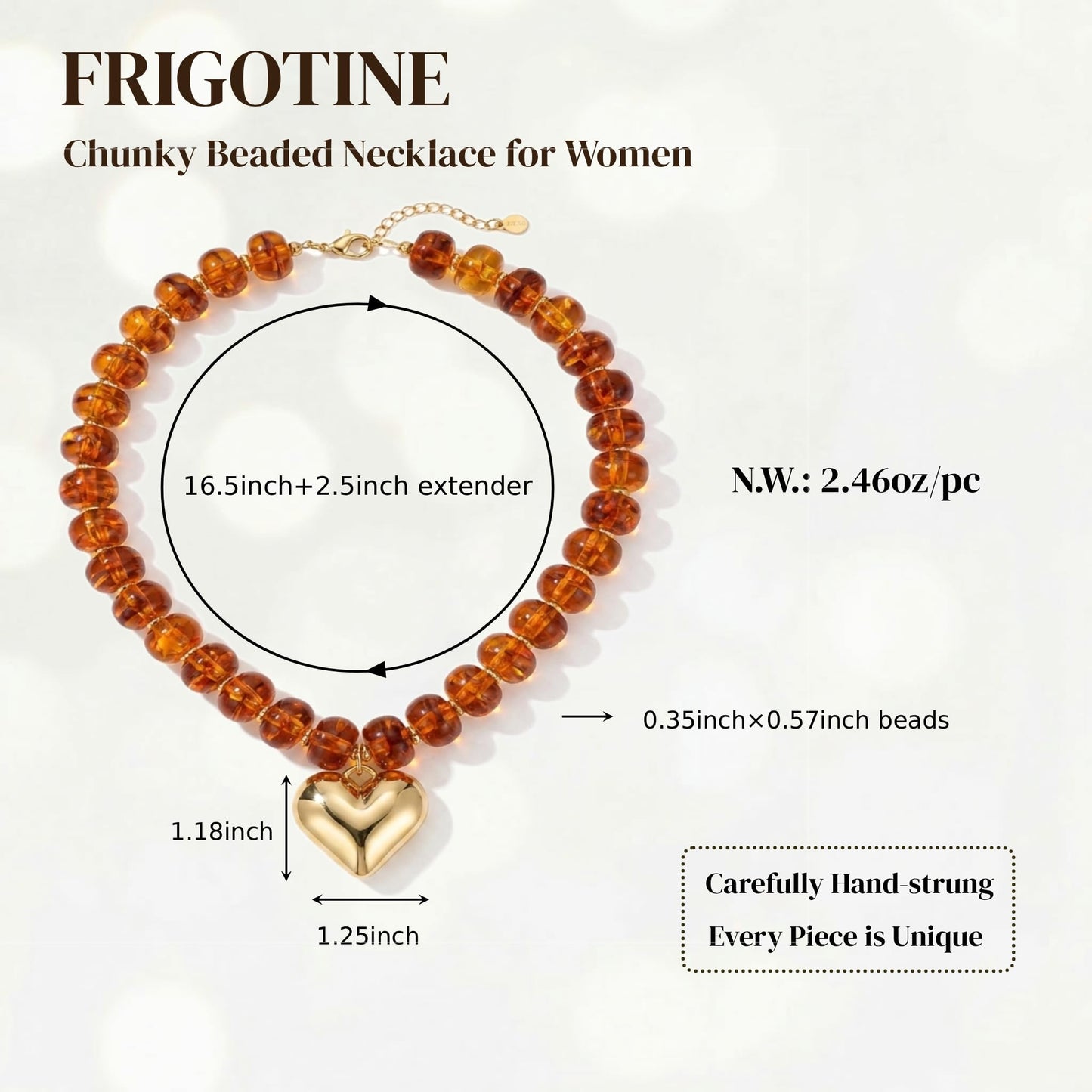 Frigotine Tortoiseshell Chunky Heart Necklace for Women, Brown Amber Resin Beaded Choker with Gold Puffy Heart, Trendy Acrylic Statement Jewelry Gift