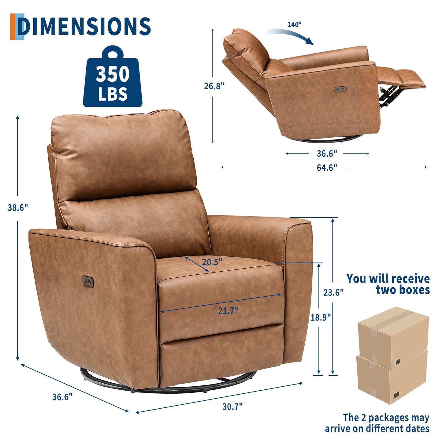 IDEALHOUSE Swivel Rocking Nursery Recliner Chair Rocker Recliner Glider Deep Seat PU Leather Sofa Chair with high Backrest for Nursery, Living Room, Bedroom & Home Movie Theater (Camel)