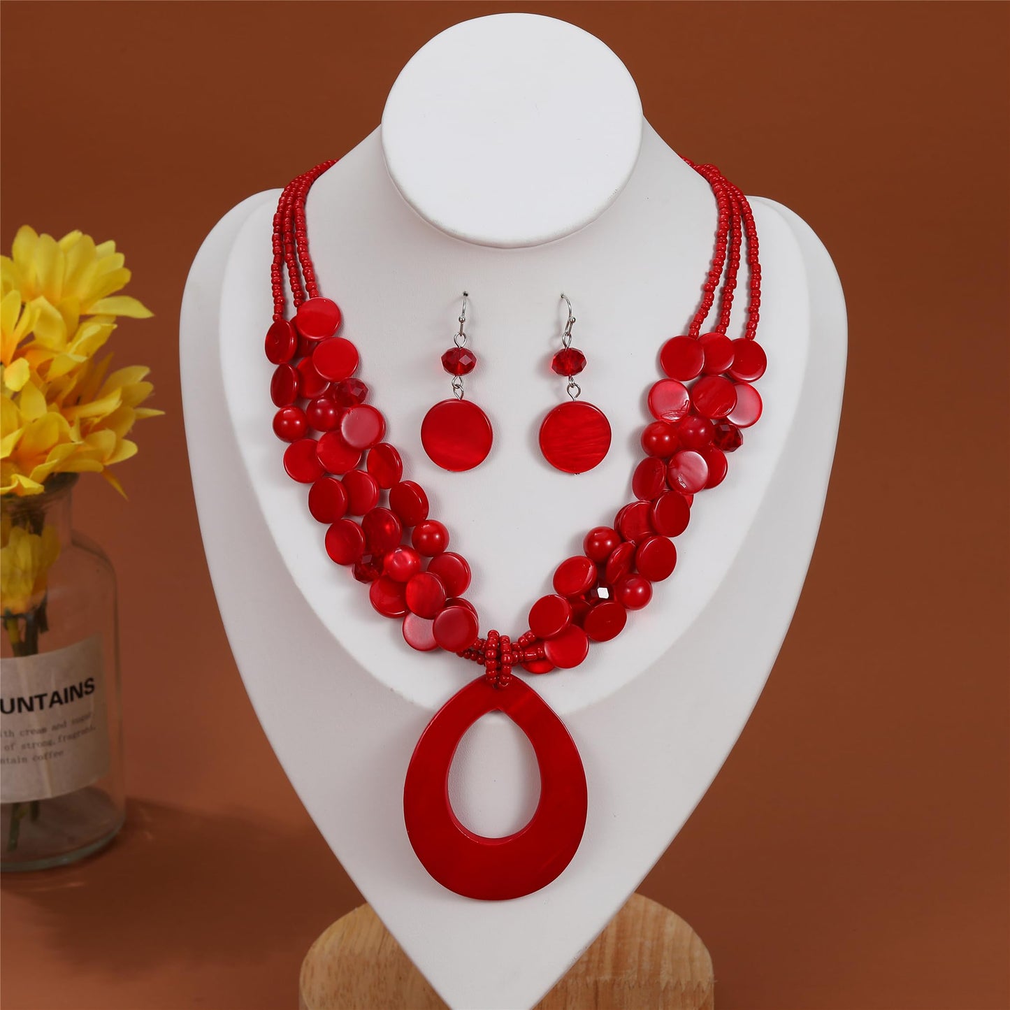 Aenu Multi-Strand Beaded Necklace with Teardrop Pendant Colorful Beads Statement Jewelry Set for Women (Red)