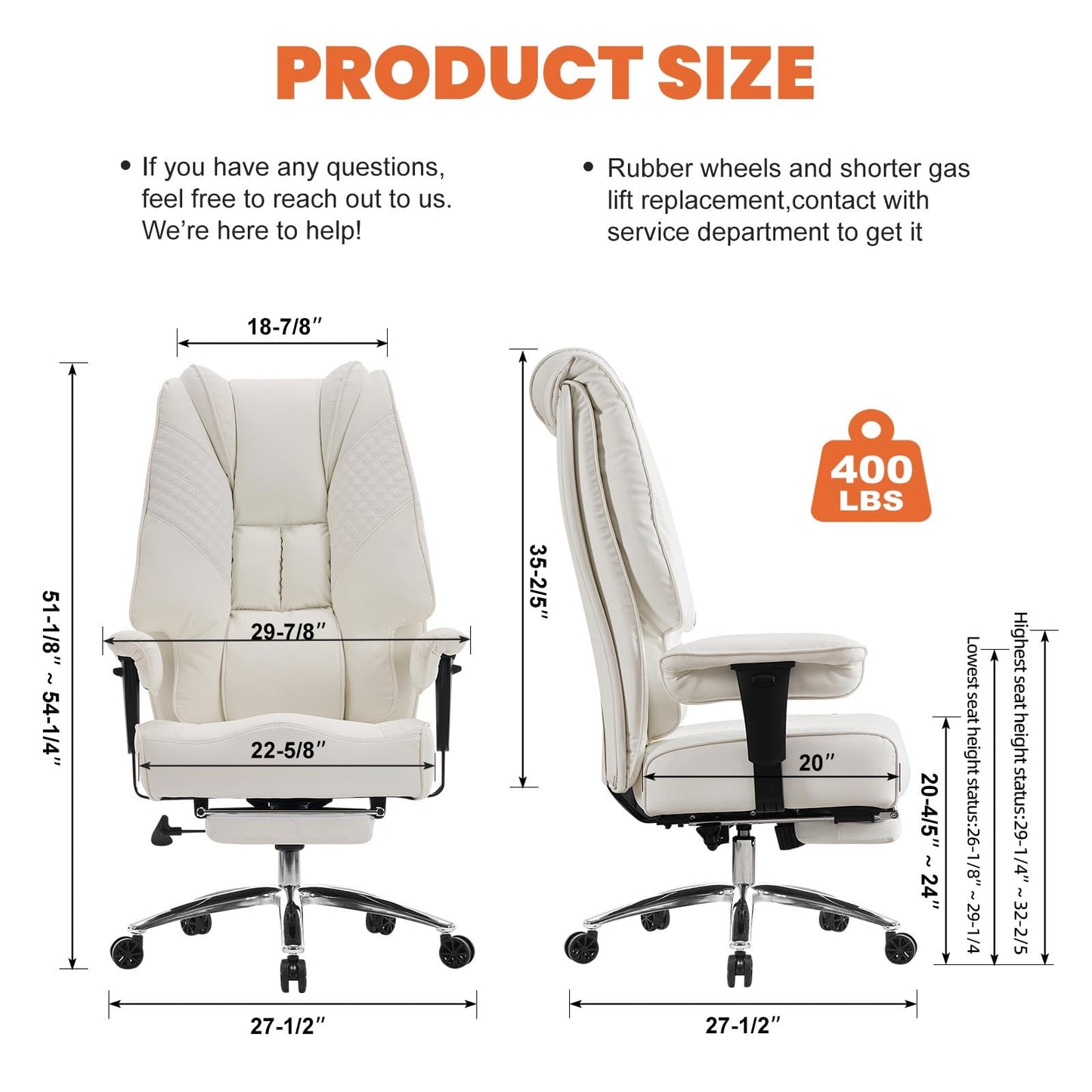 EXCEBET Big and Tall Office Chair 400lbs Wide Seat, Leather High Back Executive Office Chairs with Foot Rest, Ergonomic Lumbar Support for Lower Back Pain Relief (White)