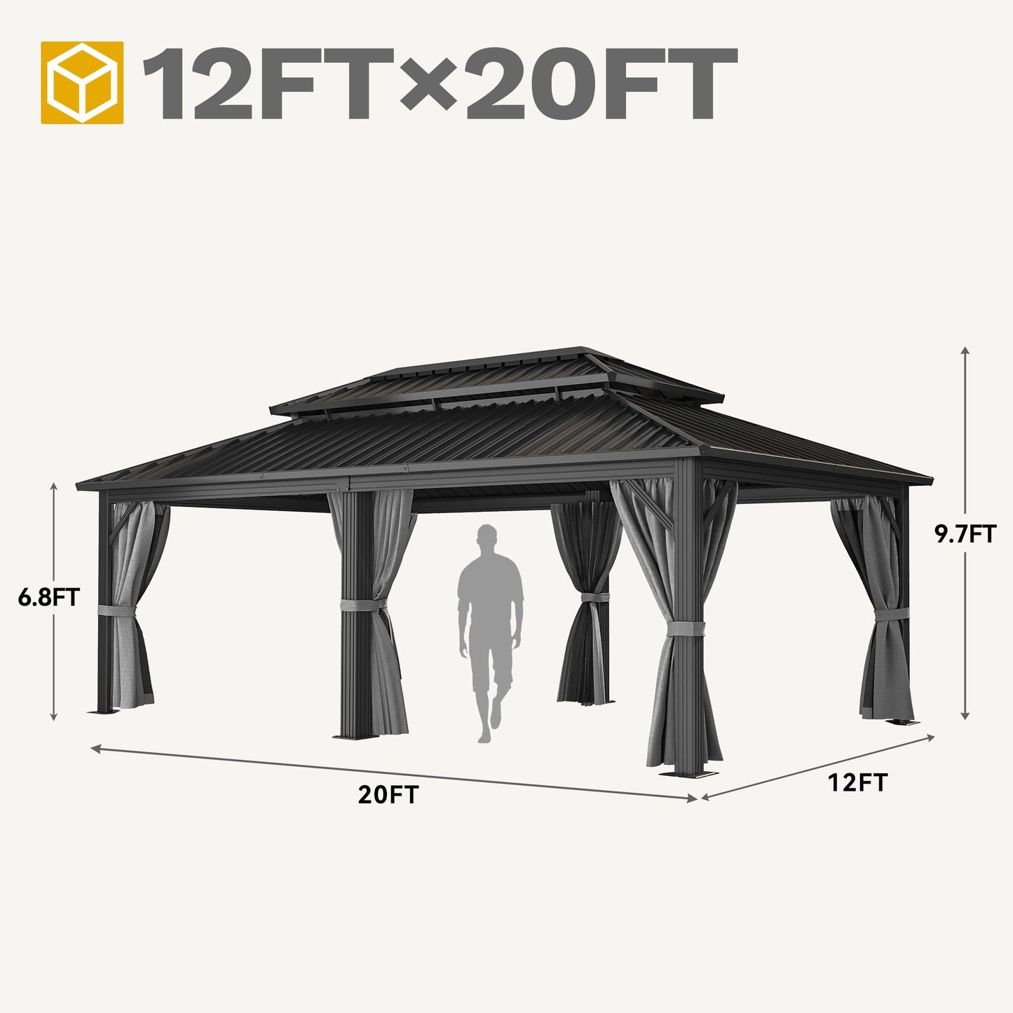 DWVO 12x20ft Aluminum Gazebo Hardtop Double Roof Canopy Outdoor Gazebo Galvanized Roof with Netting and Curtain Garden Tent for Patio, Backyard and Deck