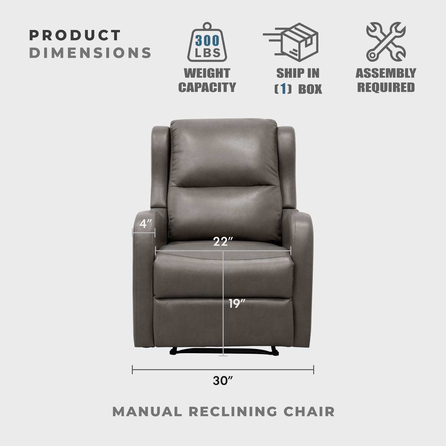 Lexicon Manual Recliner Chair, Reclining Sofa Chair, Home Theater Seating, Wall Hugger, Manual Recliner for Living Room/Office/Apartment, Easy Assembly, Gray Faux Leather